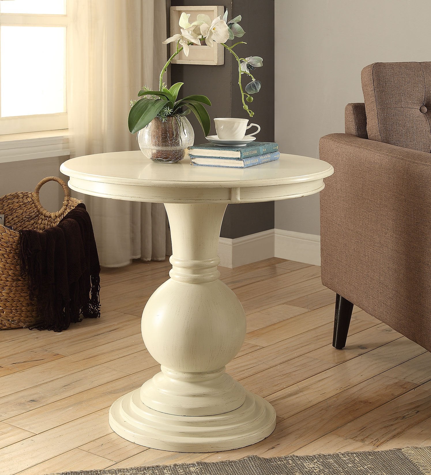 Round Pedestal End Table – Antique White