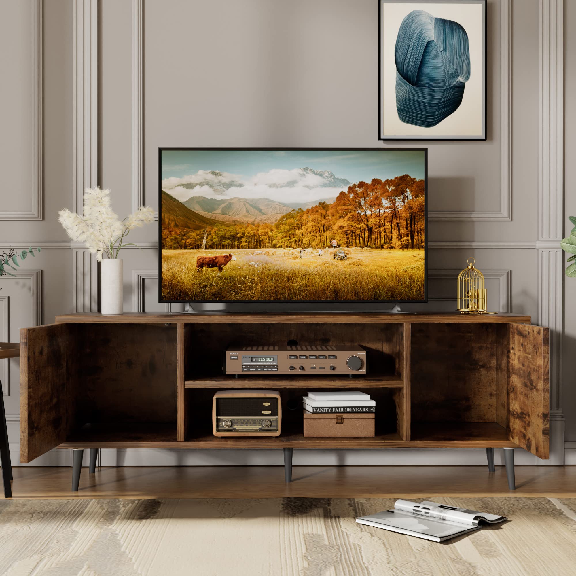 Mid-Century Modern TV Stand with Storage Cabinets