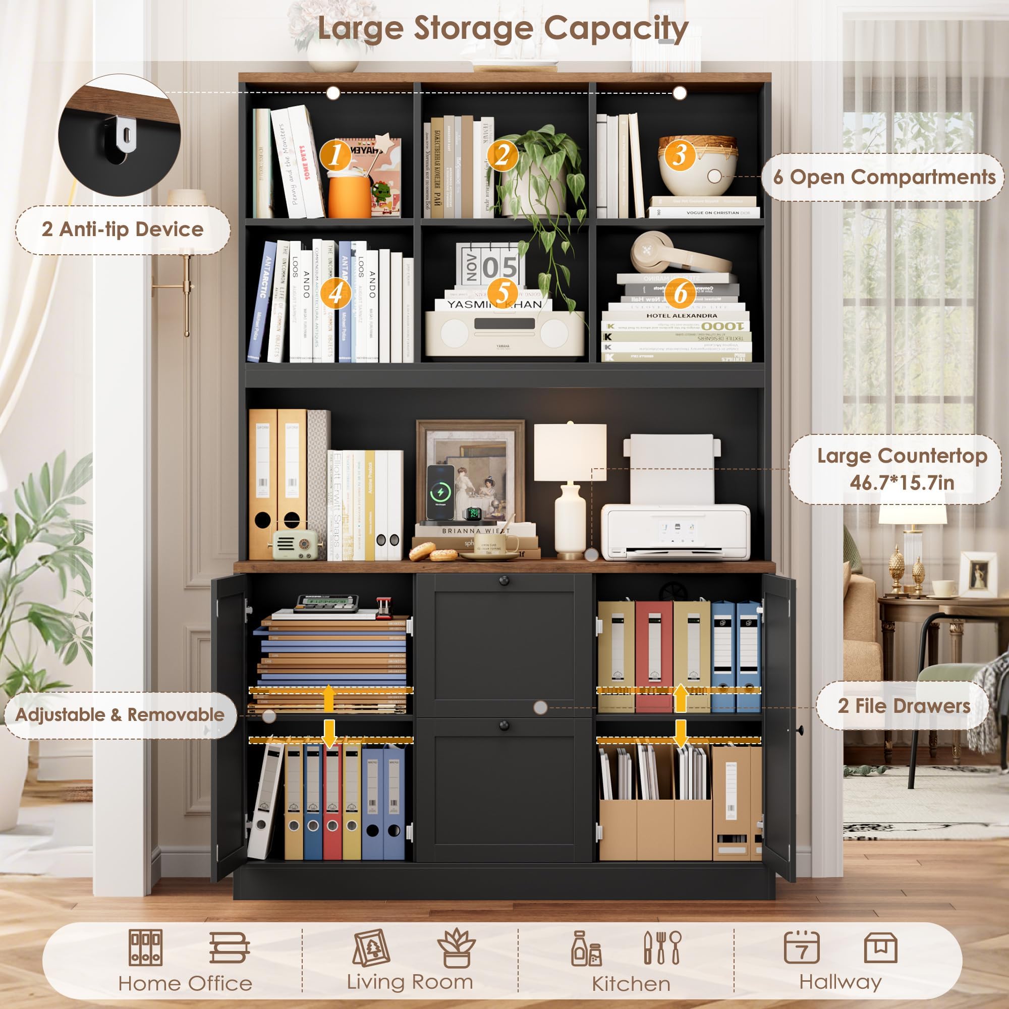 72" Tall Bookcase with Power Outlet & File Drawers
