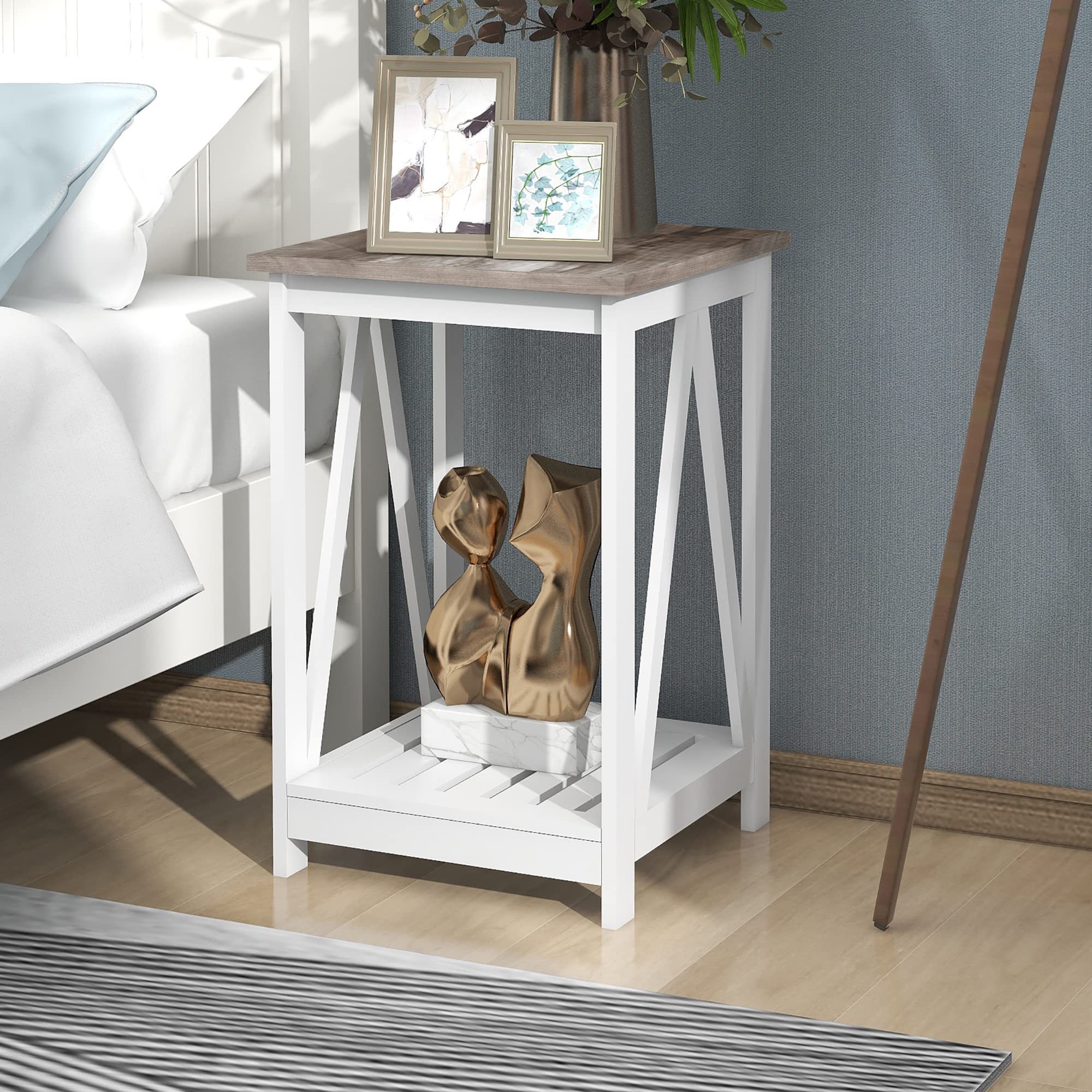 UYIHOME Farmhouse Square End Table, Accent Side Table with Slats Design, Sofa Side Table with Sturdy Frame for Living Room, Oak Grey