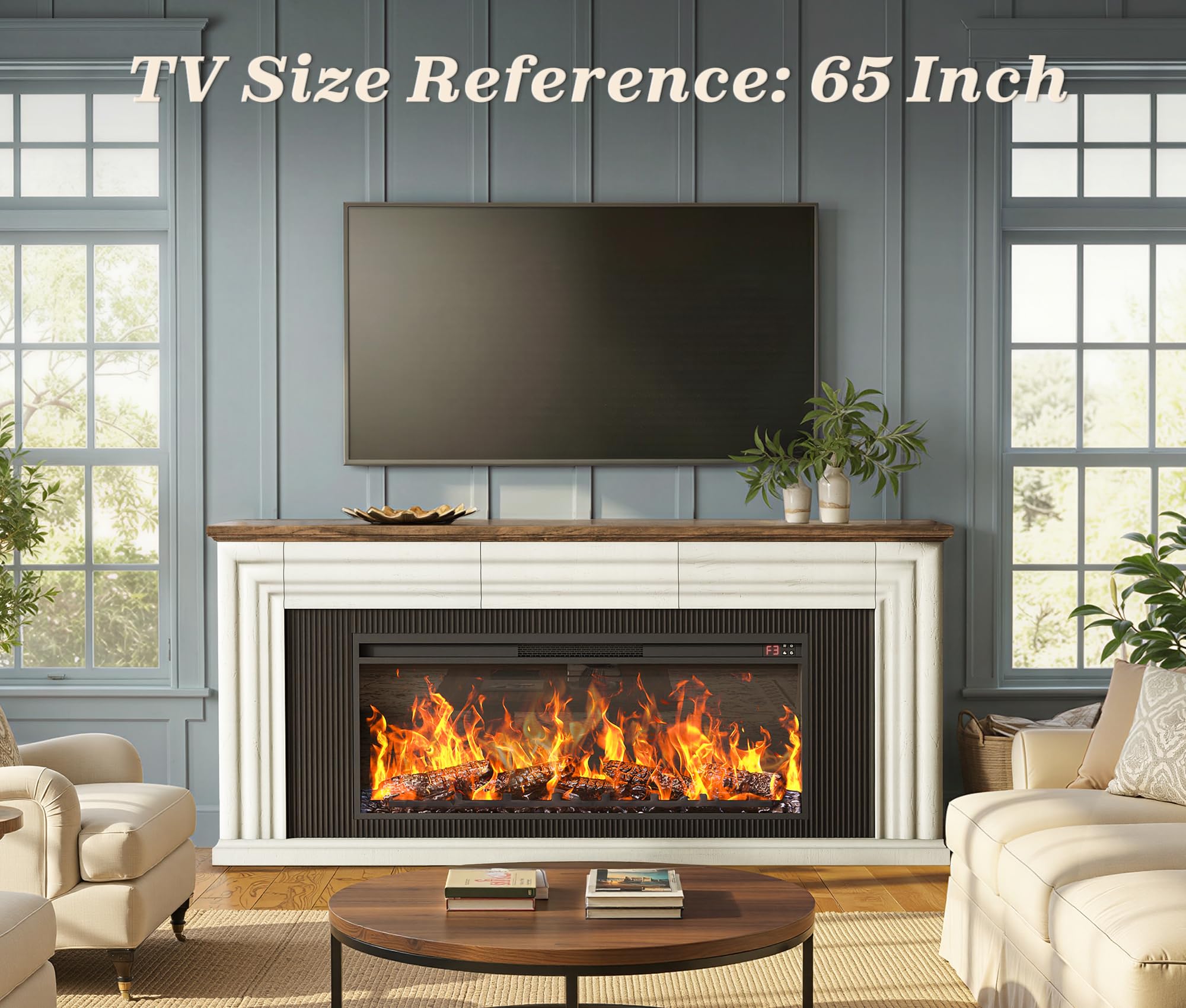 PRAISUN 70 Inch Fireplace TV Stand for 75 Inch TV, Farmhouse Modern Entertainment Center with 42" Fireplace, Fluted Design Media Console with 3 Drawers, for Living Room, White
