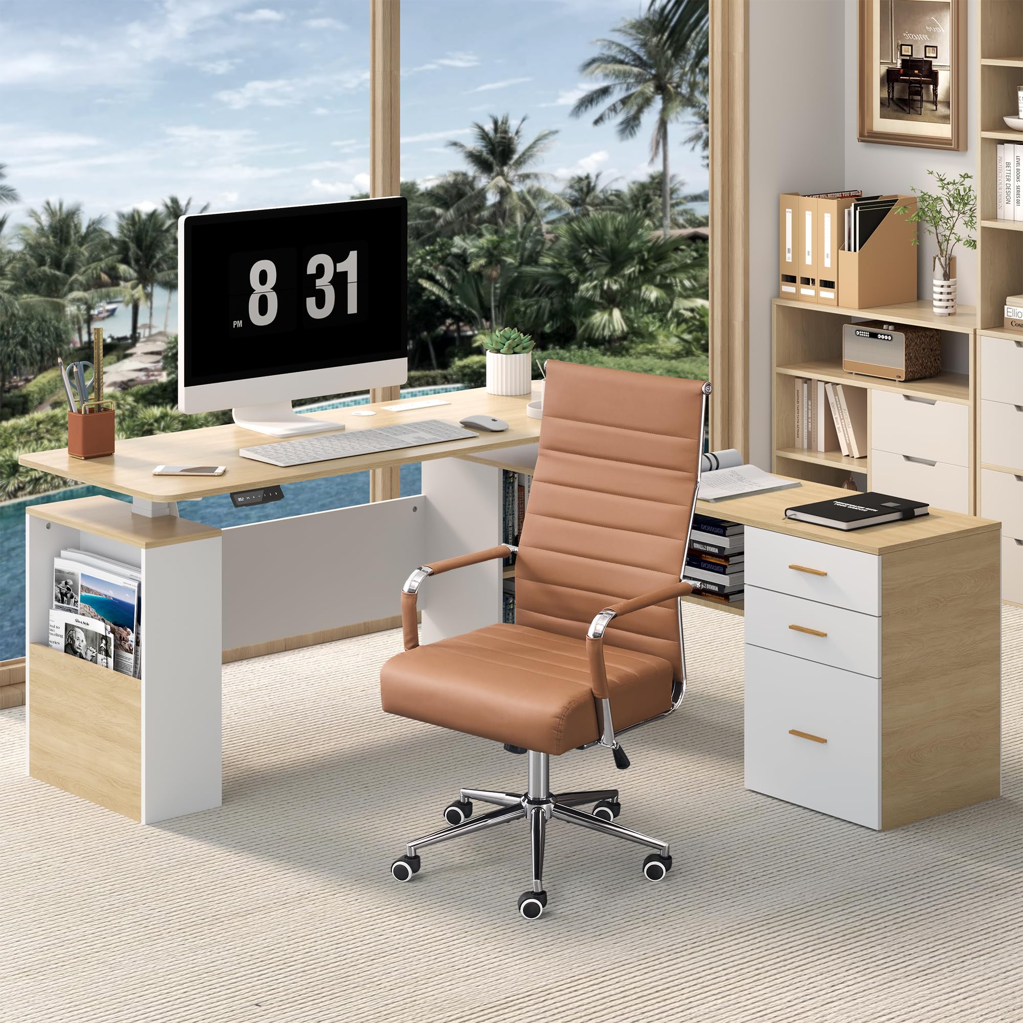 L-Shaped Electric Standing Desk with Storage & Privacy Panel