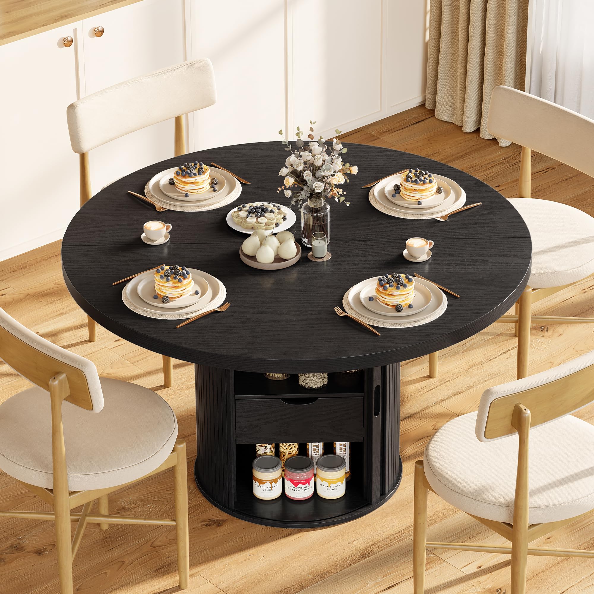 47 Inch Round Dining Table for 4-6, Farmhouse Kitchen Table with 2-Layer Storage Shelf & Drawer and Sliding Door, Sturdy Wooden Dining Table with Fluted Pedestal Base for Kitchen, Living Room, Black
