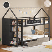 House-Shaped Twin Bunk Bed with Storage Drawers & String Lights