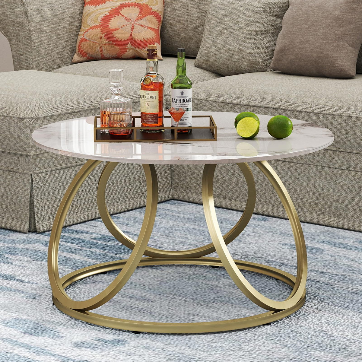 Round Gold Marble-Look Coffee Table