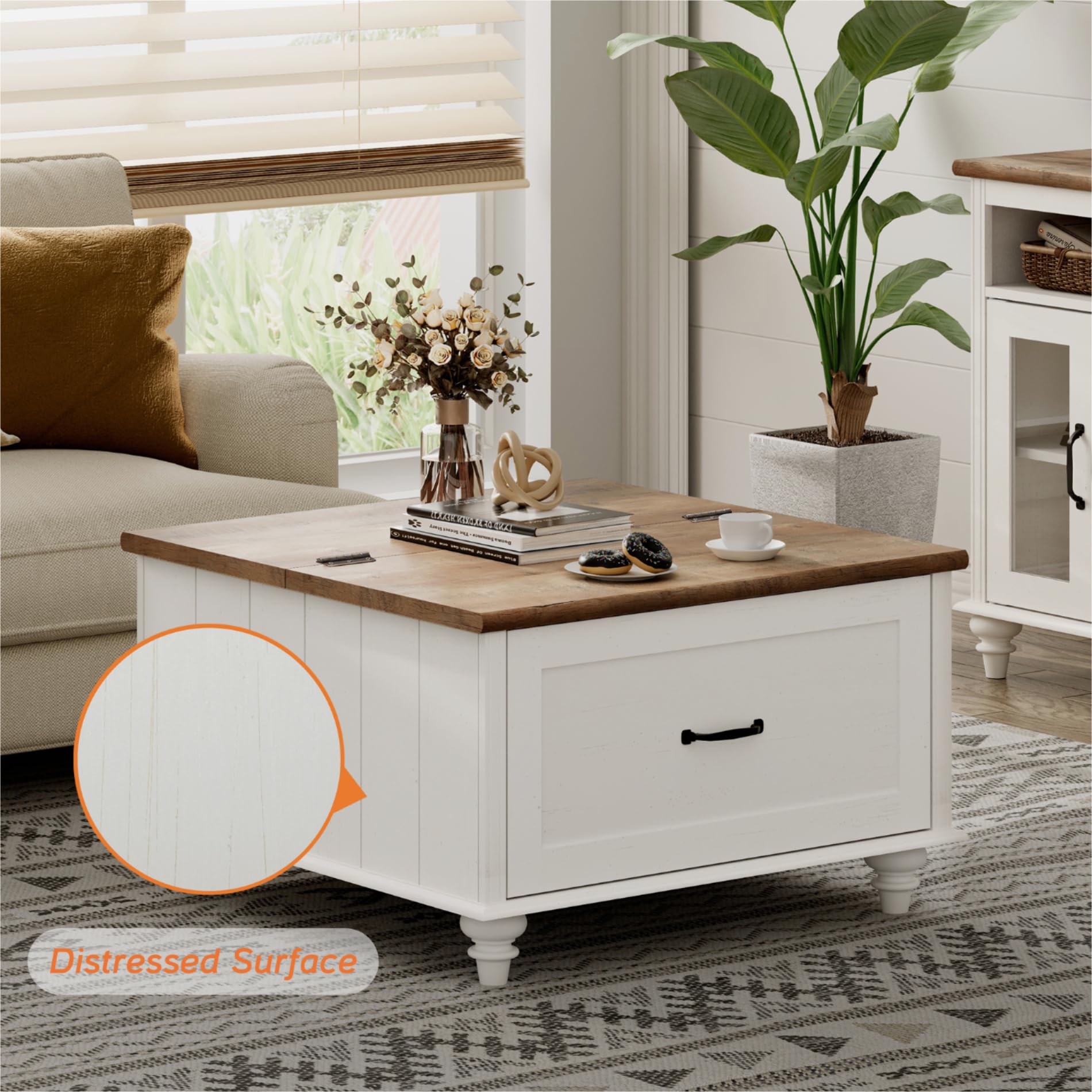 WAMPAT Farmhouse TV Stand and Coffee Table Set of 2, Square Coffee Table with Lift Top & Drawer, White Entertainment Center for 70 Inch TV, 2 Piece Living Room Table Set, White