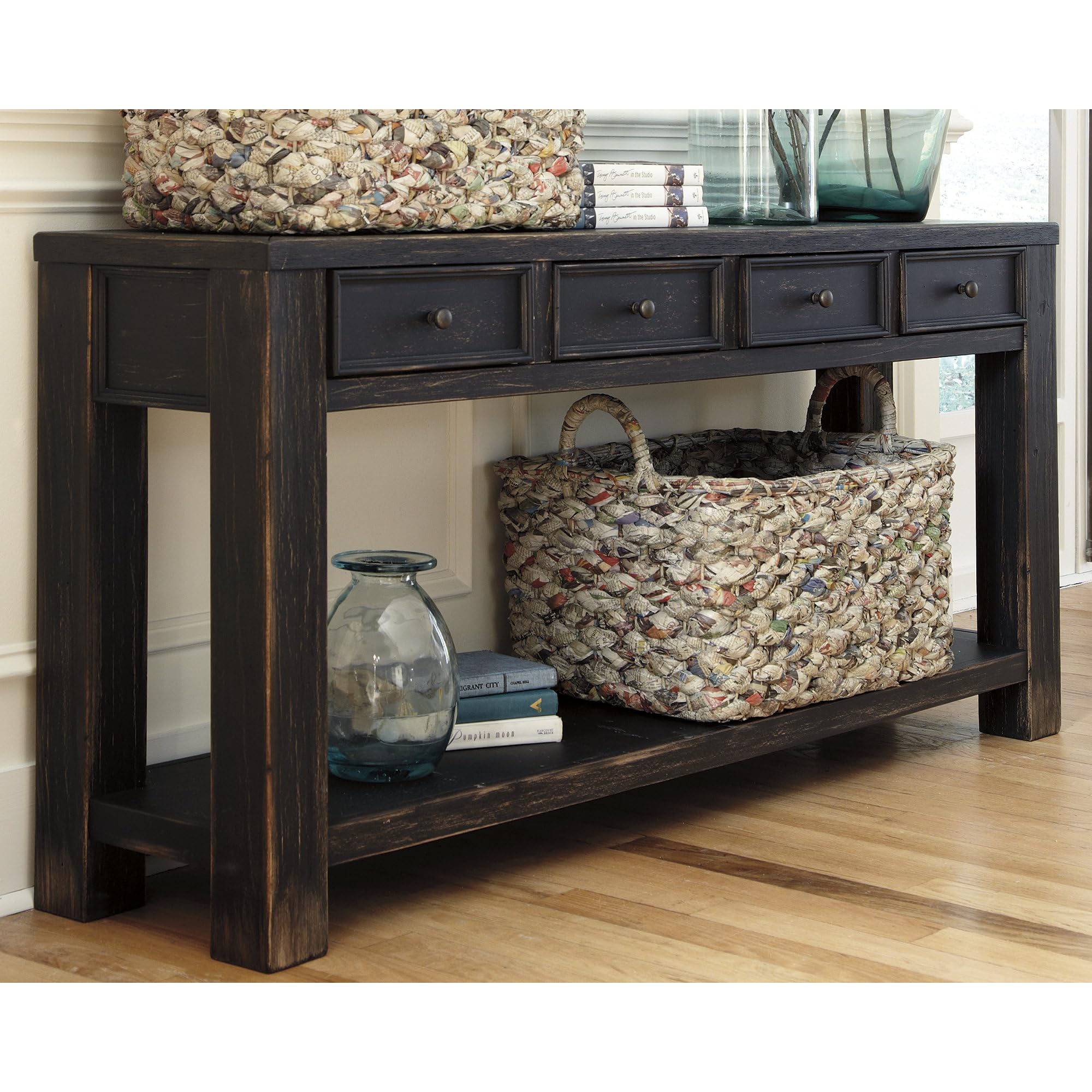 Signature Design by Ashley Gavelston Sofa Table, Couch Table with Drawers & Shelf, Hand-Finished Wood Console for Living Room or Entryway, Weathered Black