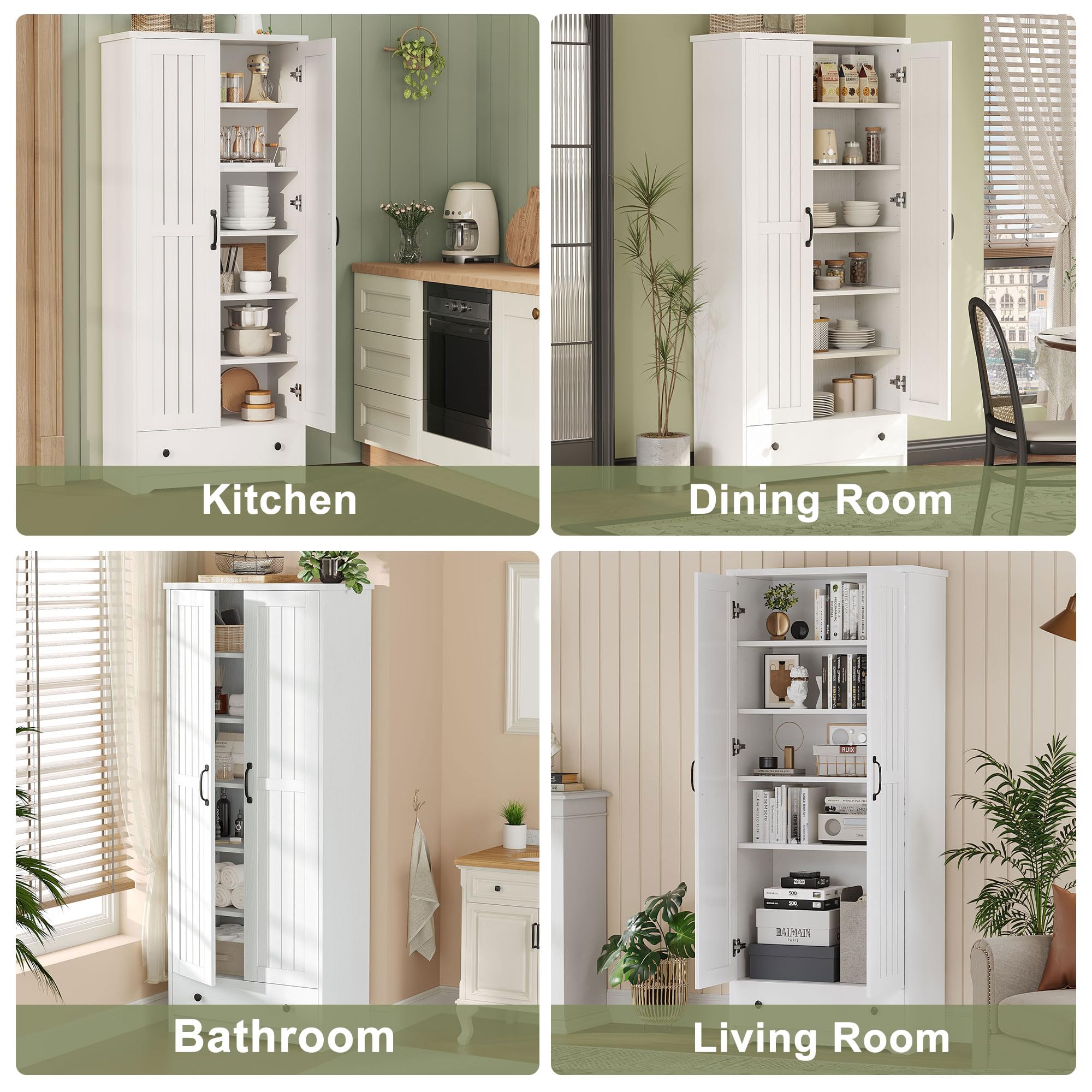 Decofy 70" Tall Storage Cabinets, Large Wood Storage Pantry Cabinet with 6 Adjustable Shelves, 2 Striped Doors & Drawer, Standing Utility Cabinet for Kitchen, Bathroom, Dining Room, Antique (White)