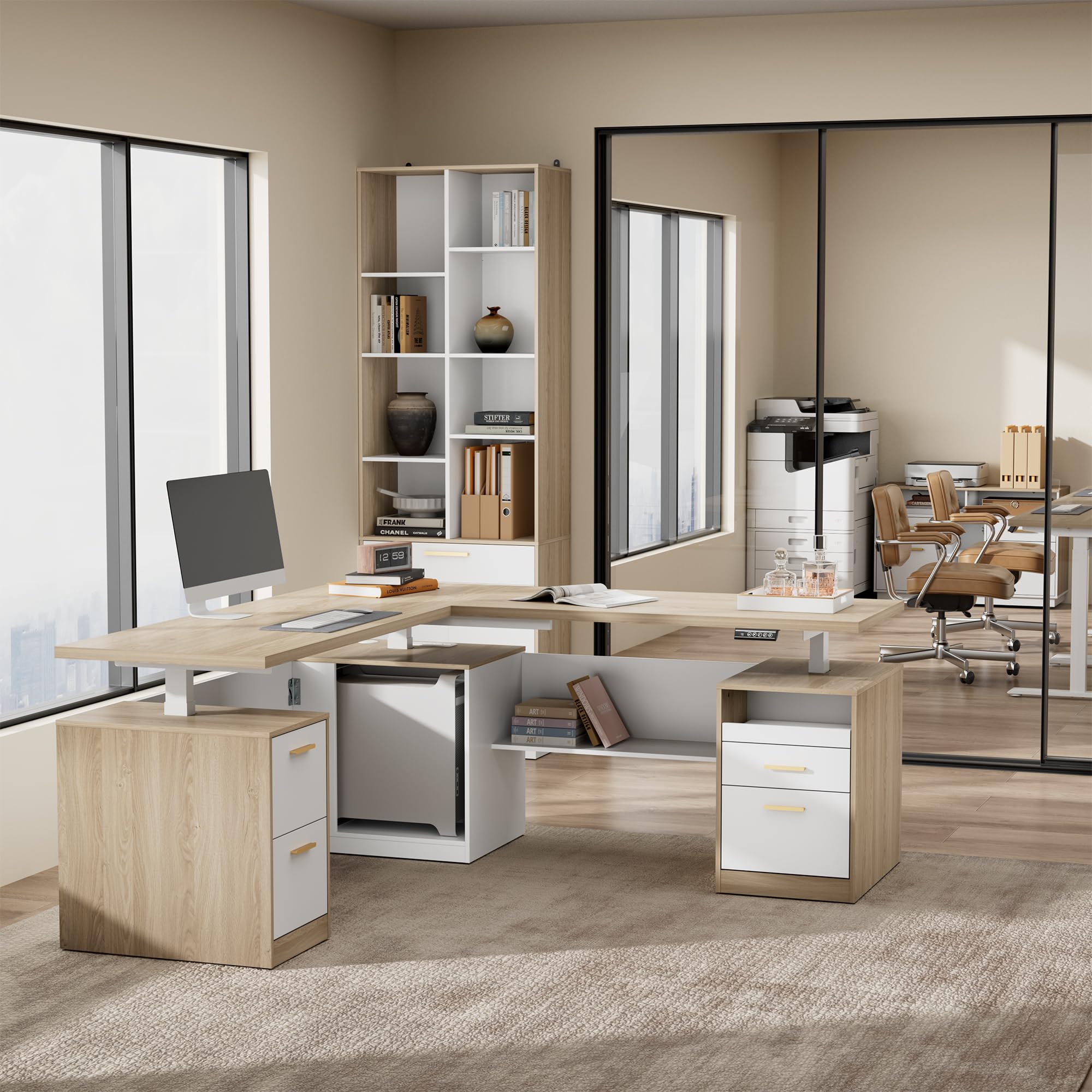 L-Shaped Electric Standing Desk with Drawers & Privacy Panel