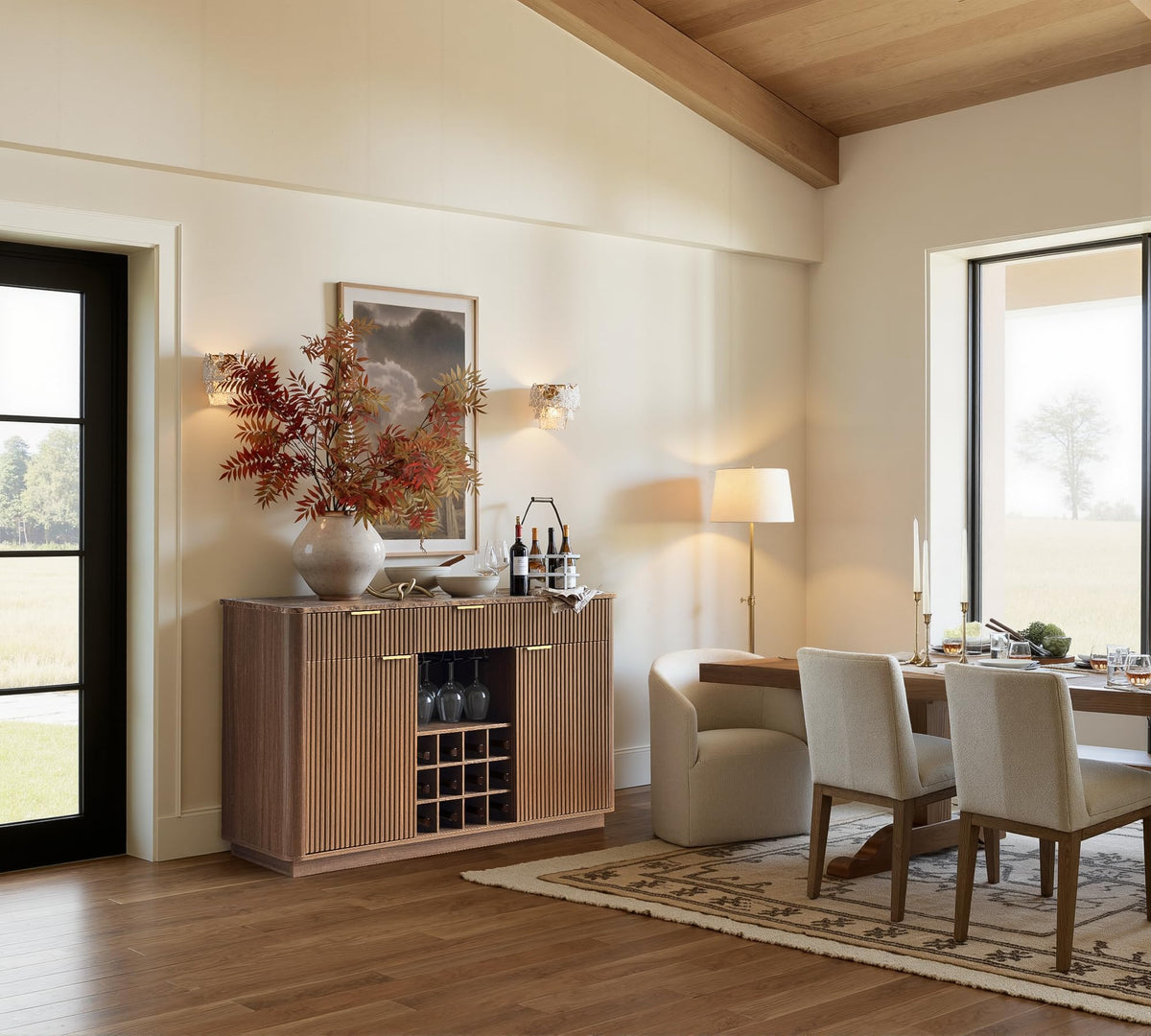 WIN2WIN 59" Fluted Sideboard, Wine Bar Cabinet with Faux Marble Top, Walnut