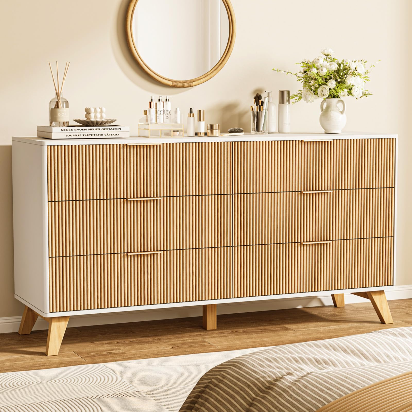 Fluted 6-Drawer Dresser with Wood Legs