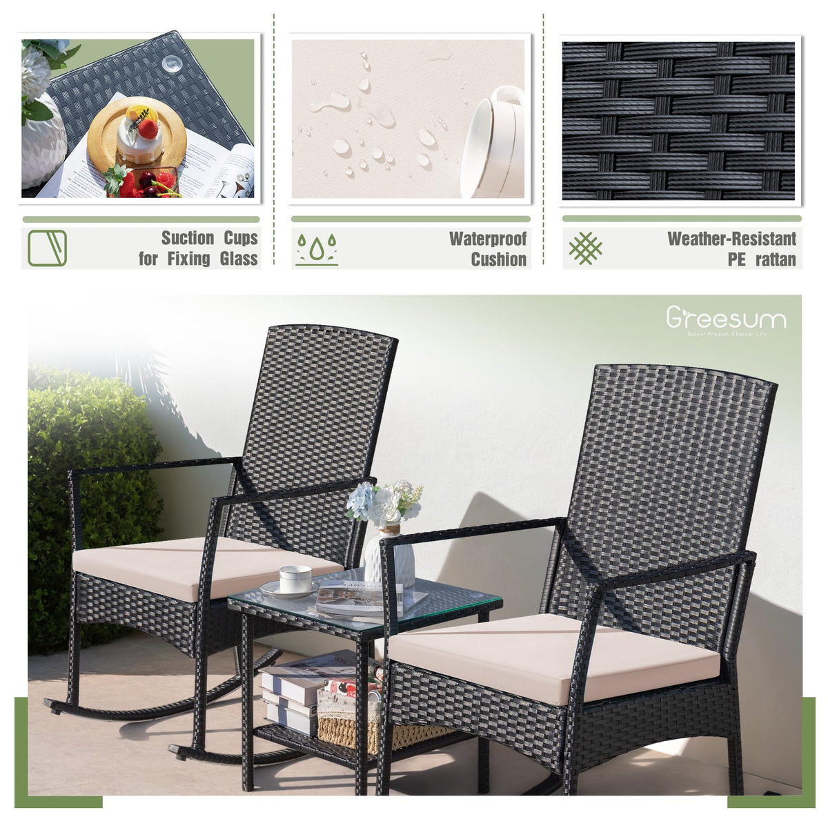 Greesum 3 Pieces Patio Furniture Set Outdoor Wicker Rocking Chairs,Beige