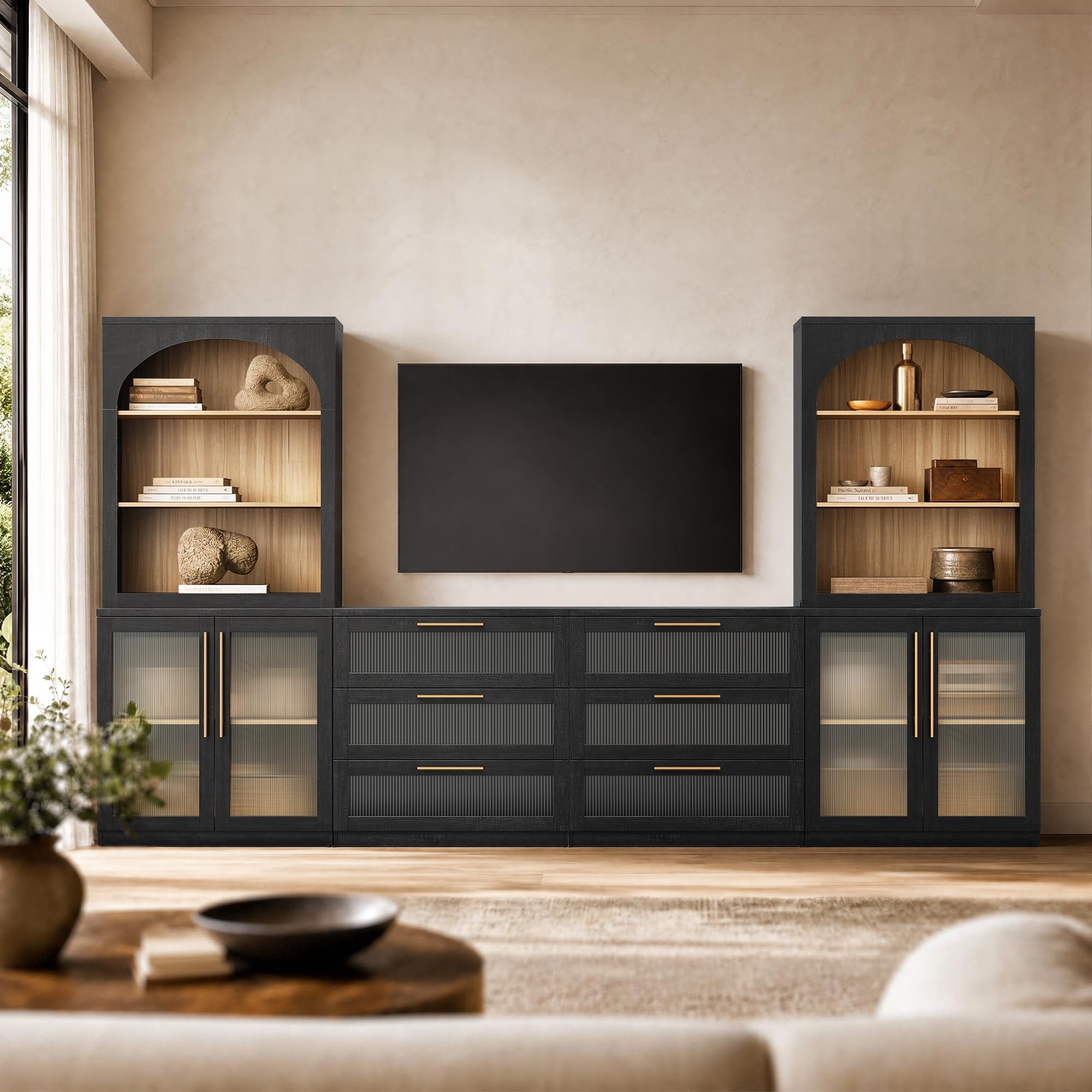 ModernMate Set of 2 Accent Sideboard Cabinets, 62" Modular Storage Buffet Table with Acrylic View Doors, Black Wood Grain Media Console with Soft-Close Hinges for Living Room, Dining Room