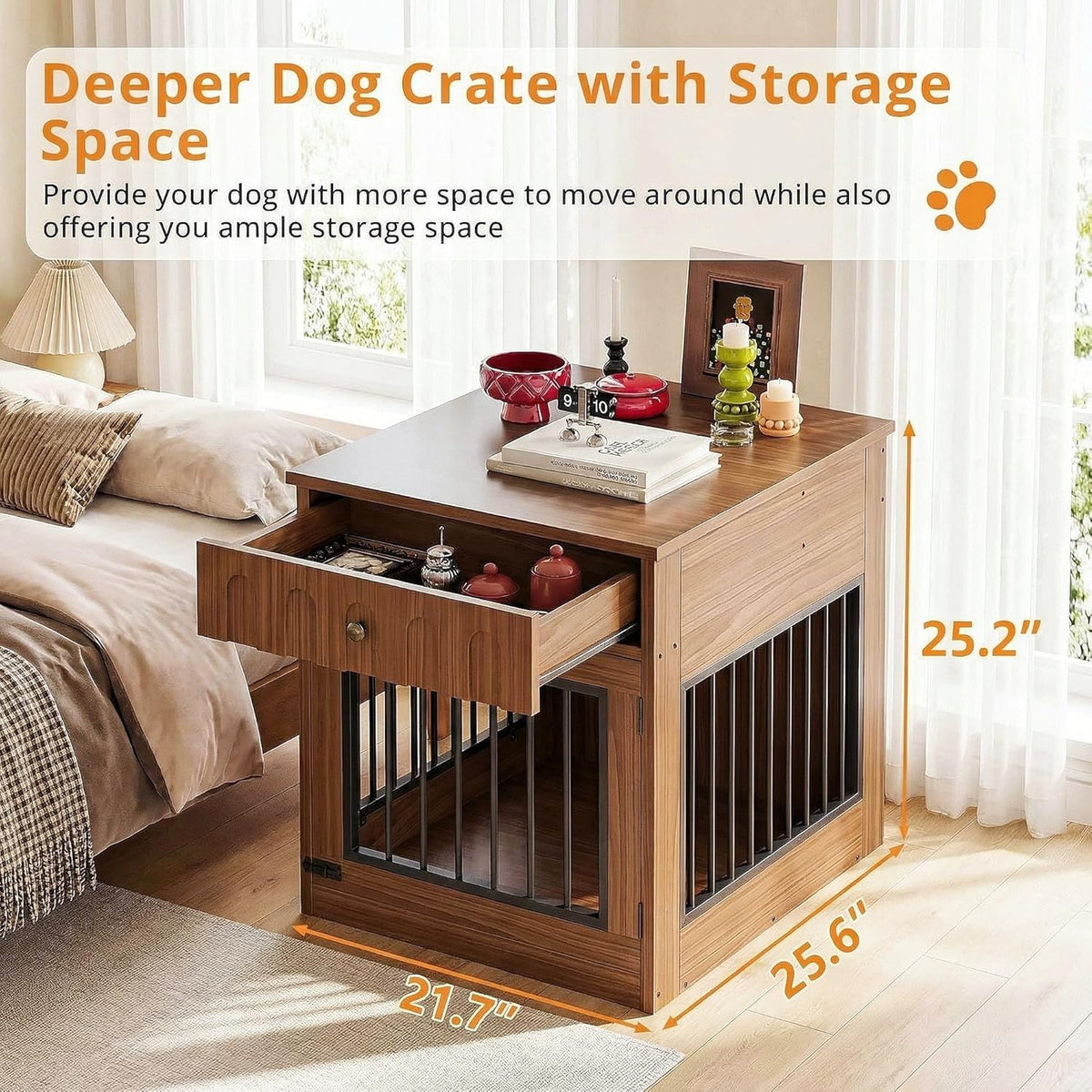 IRONCK 25.6" Small Dog Crate Furniture with Drawer and Flip Top, Walnut