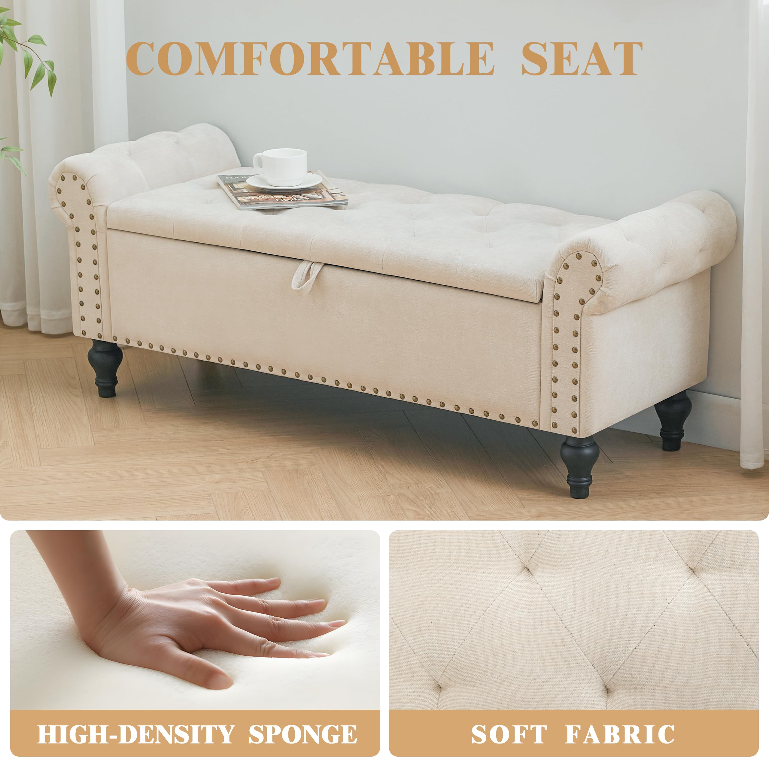 Dowiean 51" Storage Ottoman Bench, End of Bed Bench for Bedroom, Storage Ottomans for Foot of Bed, Chenille Upholstered Benches, Window Benches for Living Room, Entryway, Beige