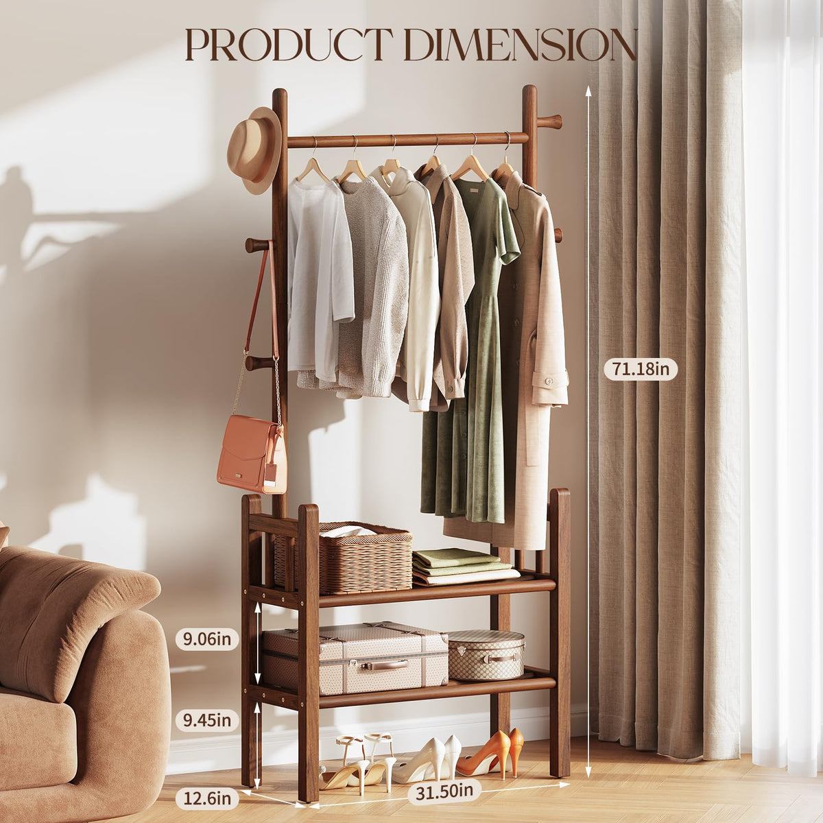 Solid Wood Clothing Rack with Shelves - Coat Rack Freestanding with 6 Hooks Load 450 Lbs, 3-in-1 Hall Tree for Hanging Clothes, Tall Garment Racks with Storage for Bedroom, Entryway, Living Room