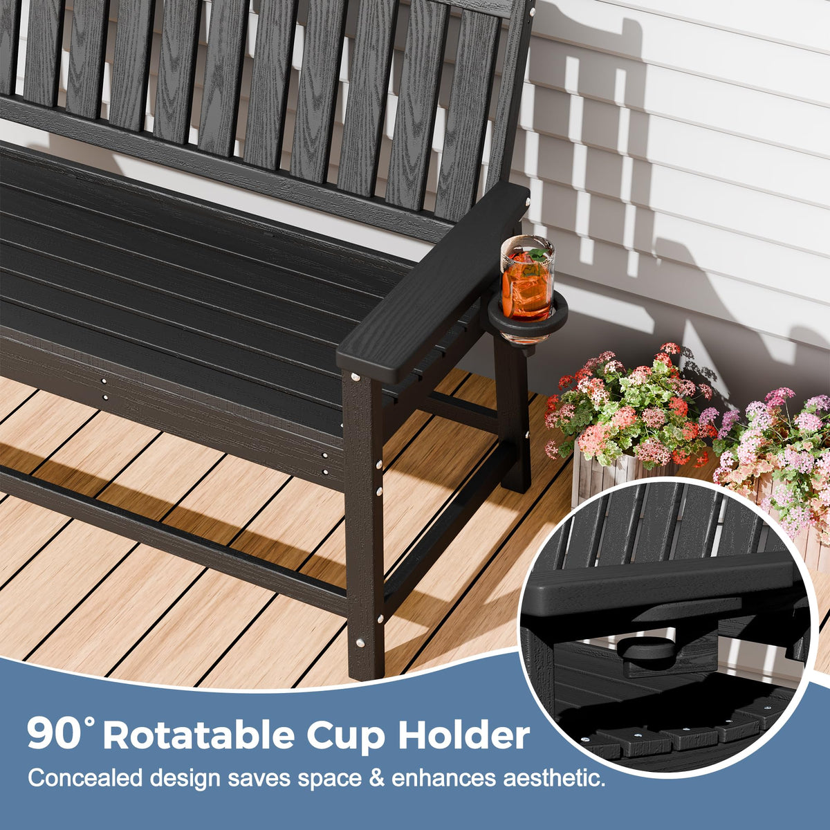 WELYAS HDPE Outdoor Bench for Porch, 48" Weatherproof Easy Assemble,Black