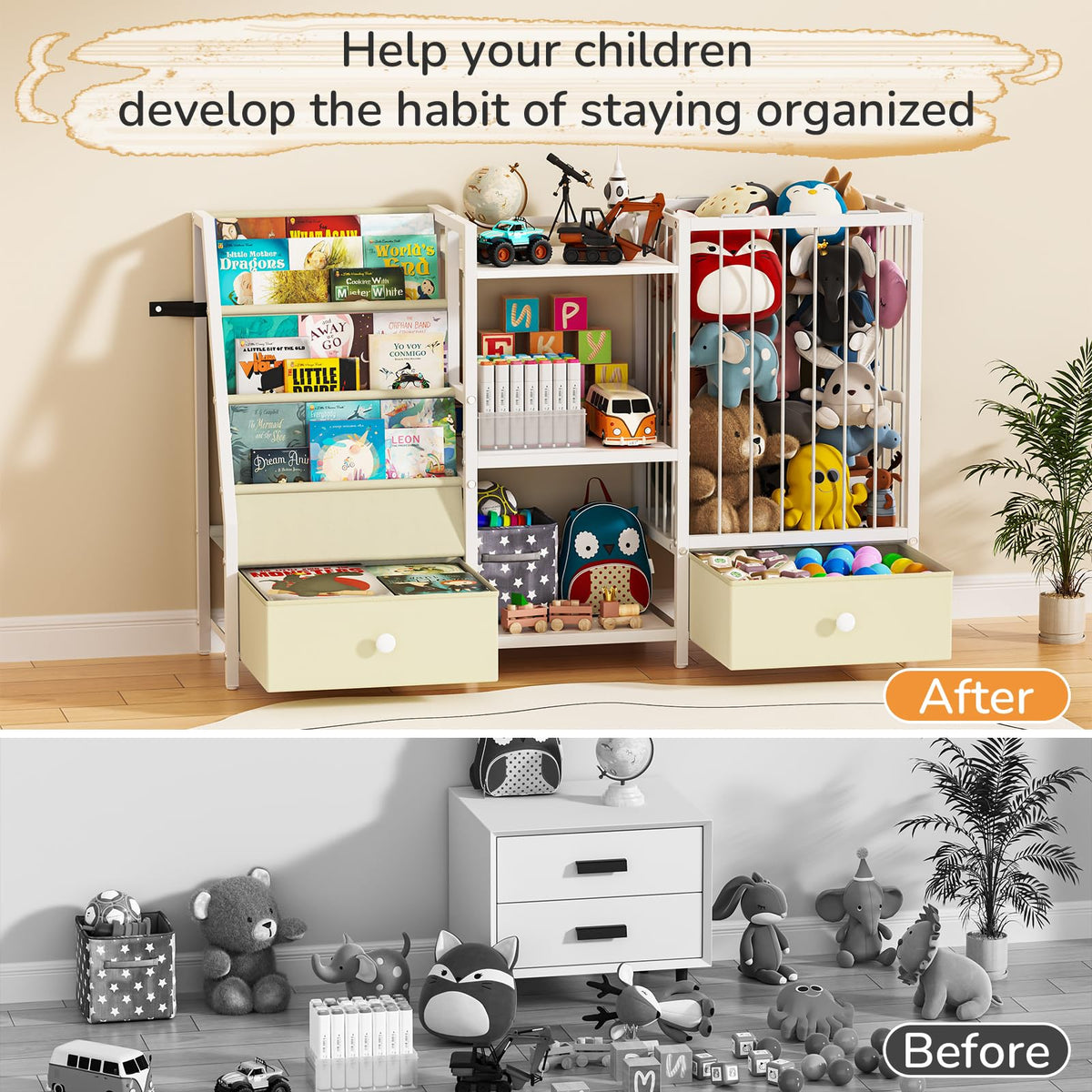 4-in-1 Kids Bookshelf and Toy Storage, 45.7"x11.8"x30", with 2 Drawers