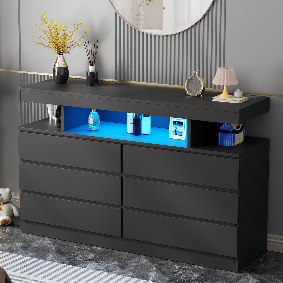 Black 6-Drawer LED Dresser