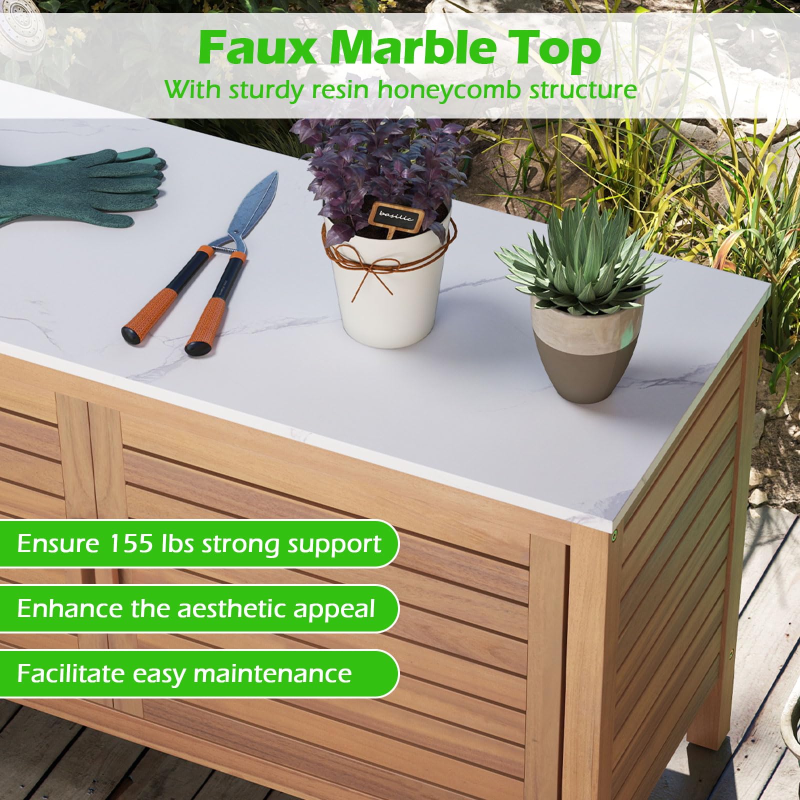 Acacia Wood Outdoor Storage Cabinet with Faux Marble Top
