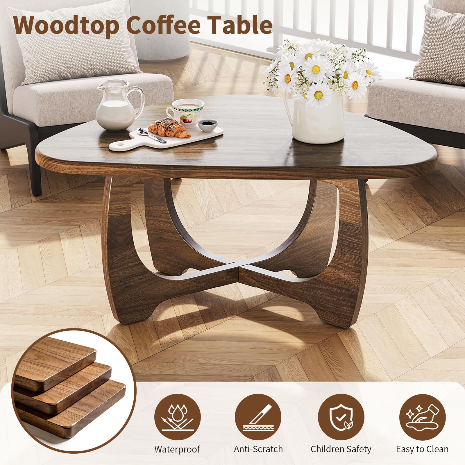 Round Wood Coffee Table with Triangle Frame
