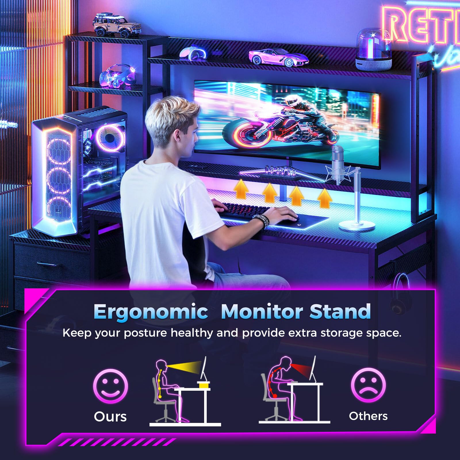 Casaottima 48 Inch Gaming Desk with Hutch & 3 Fabric Drawers, Computer Desk with USB Ports & LED Lights, Reversible Pc Gamer Table with Monitor Stand for Home Office, Carbon Fiber Black