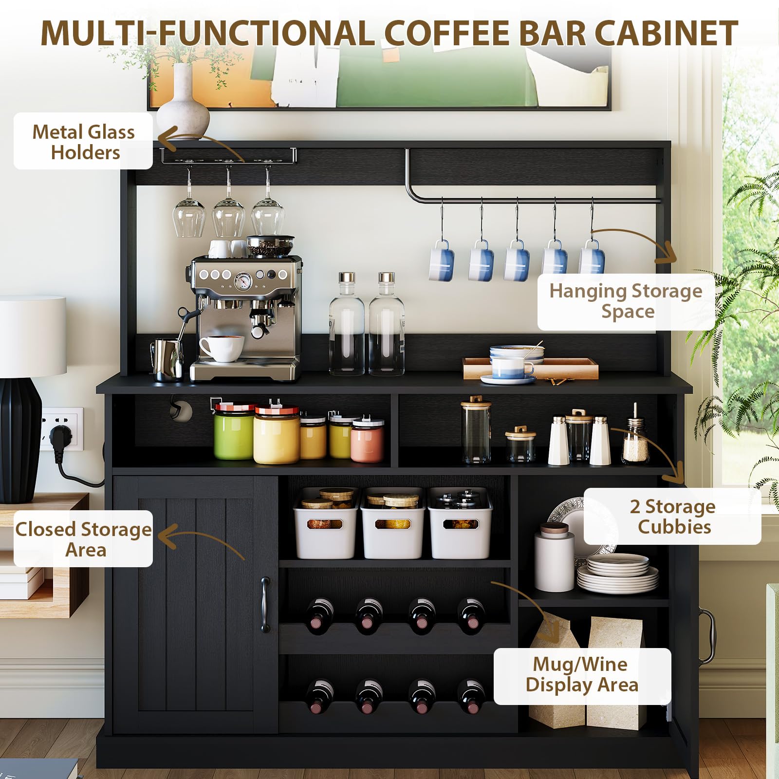 CABIHOME 47" Farmhouse Wine Bar Cabinet with Sliding Barn Door, Rustic Coffee Bar Cabinet, Wine & Glass Rack, Storage Shelves Large Buffet Sideboard Cabinet for Dining Room, Living Room, Kitchen