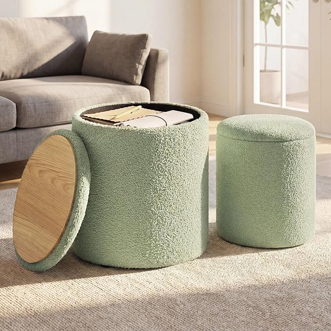 Round Storage Ottoman Set of 2 – Velvet Footstool with Removable Lid