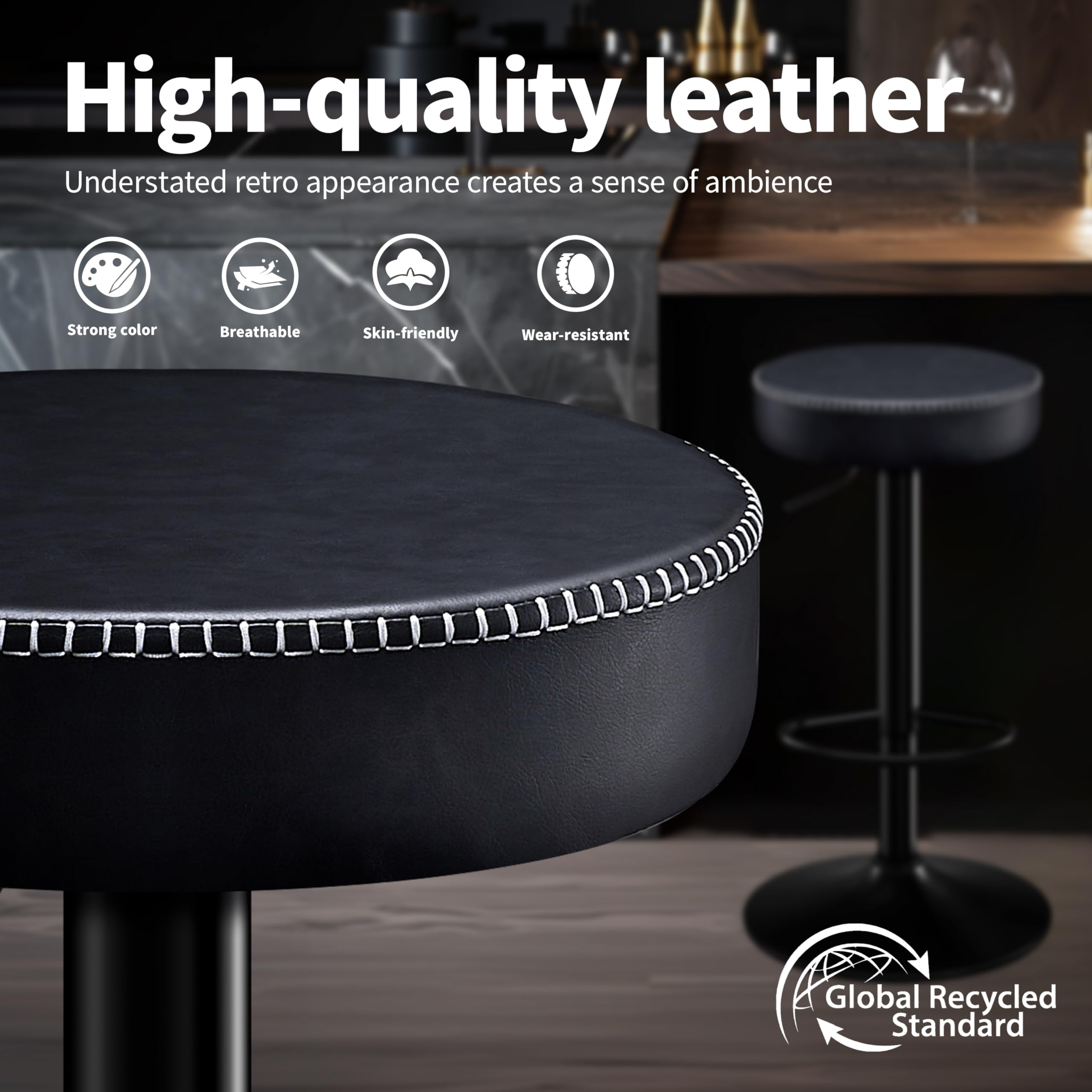 STOOLINK Swivel Bar Stools Set of 2 Black Microfiber Leather Counter Height Bar Stools with Round Seat Adjustable Backless Barstools Modern Tall Bar Chairs for Kitchen Island (24-33 Inch,330lbs)