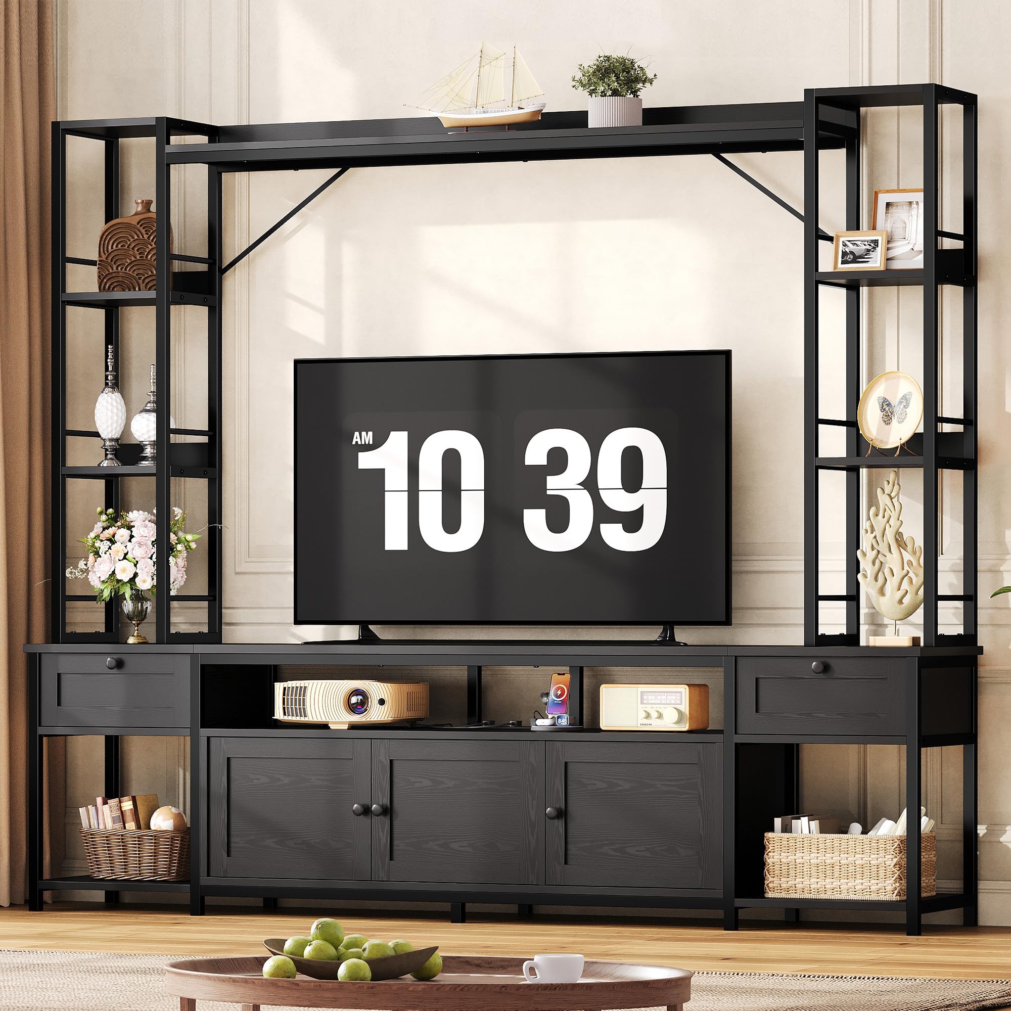 IRONCK Entertainment Center, TV Stand for TVs 65 inch with Storage and Power Outlet, Media TV Console with 2 Wood Drawers and 2 Cabinets, TV Stands for Living Room, Black