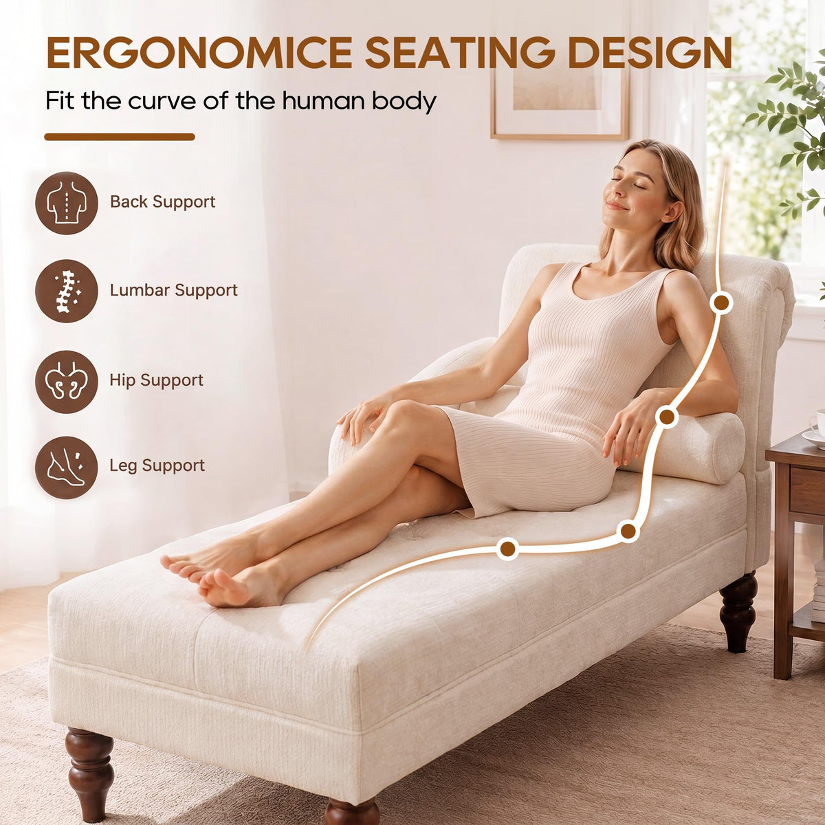 IPKIG Chaise Lounge Chair Indoor with Right Armrest, Chenille, Beige