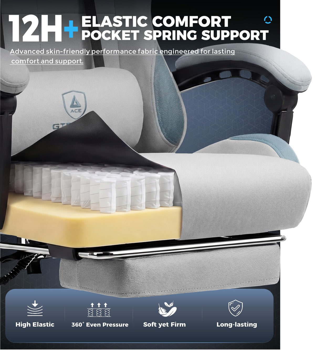 GTPLAYER Gaming Chair Fabric with Pocket Spring Cushion,Computer Office Chair with Lumbar Support for Adults Linkage Armrests and Footrest Ergonomic Gamings Chairs Height Adjustable LightGray