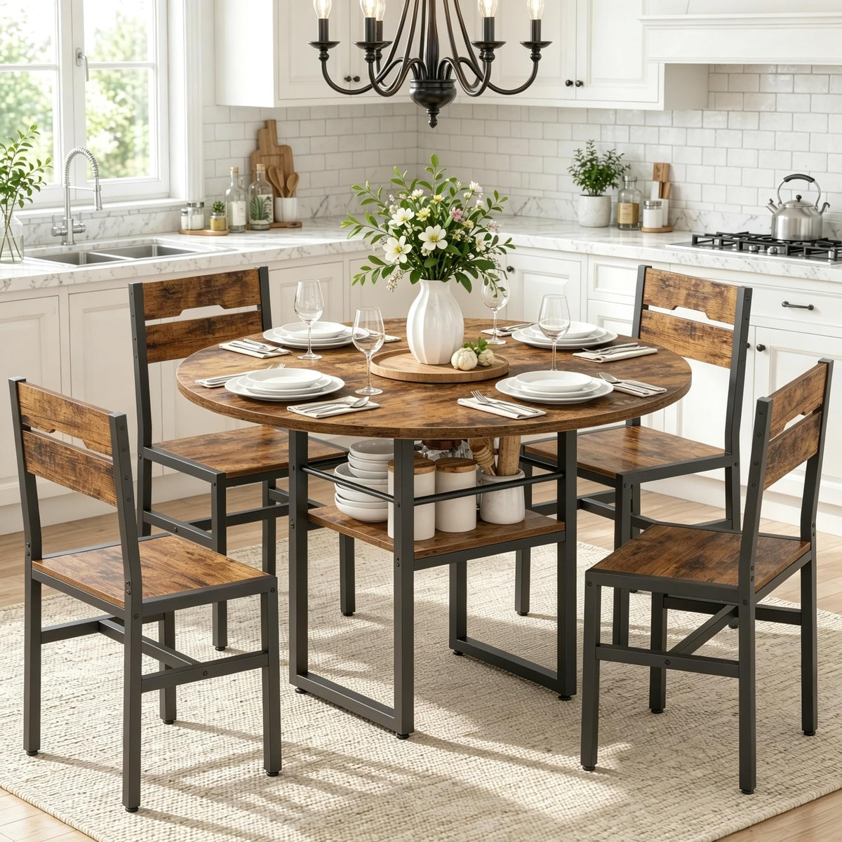 RALGEND Round Dining Table Set for 4, 5-Piece Kitchen Table and Chairs with Storage Shelf, Circle Dinner Table Set with Wooden Tabletop & Metal Legs, for Kitchen & Dining Room, Rustic Brown and Black