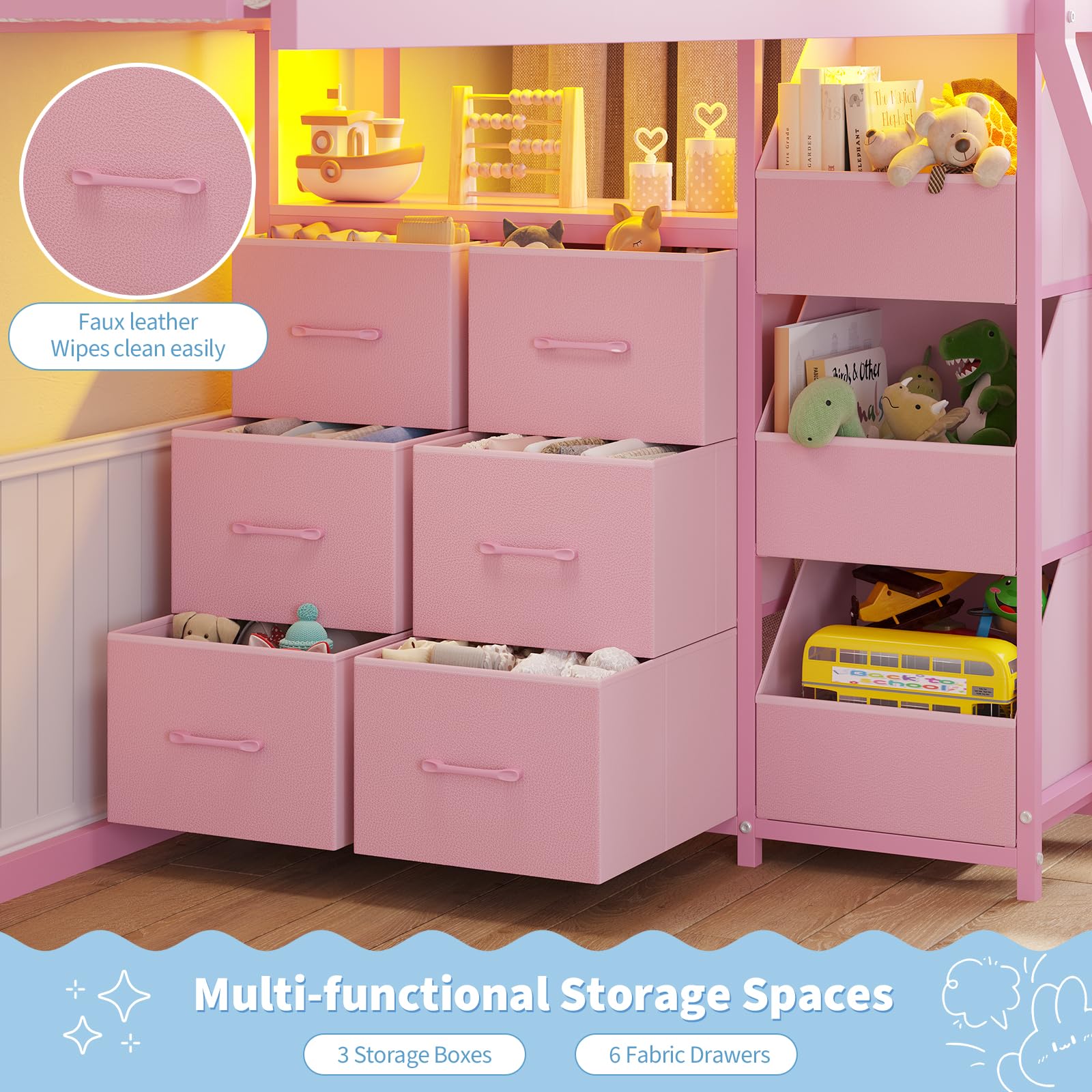 Twin Over Twin House Bunk Bed with LED Lights & Storage