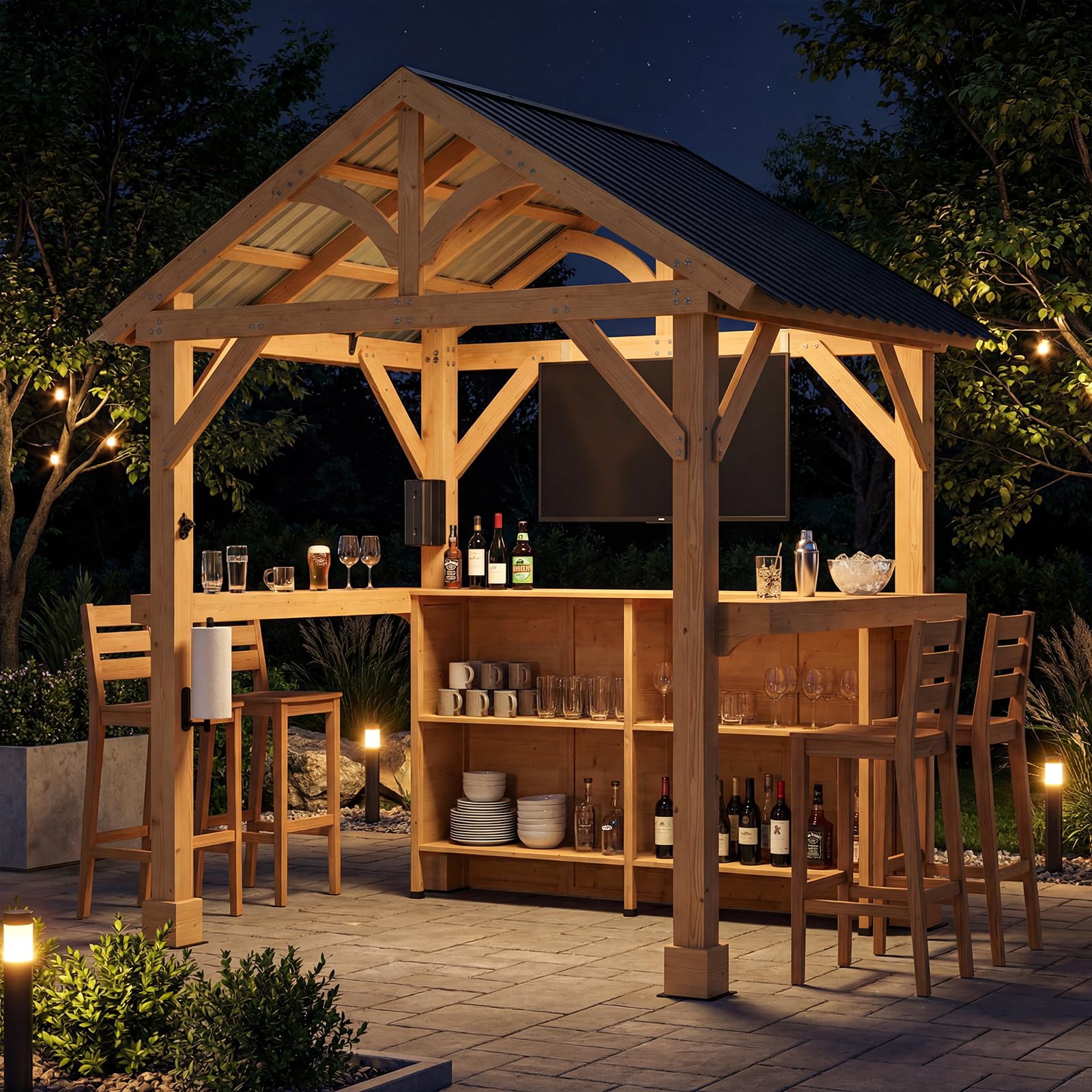 Outdoor Wood Bar Pavilion with Galvanized Steel Roof, Patio Bar Counter with Storage Shelves, All-Weather Backyard Entertaining Station for BBQ, Pool Party, Garden Deck