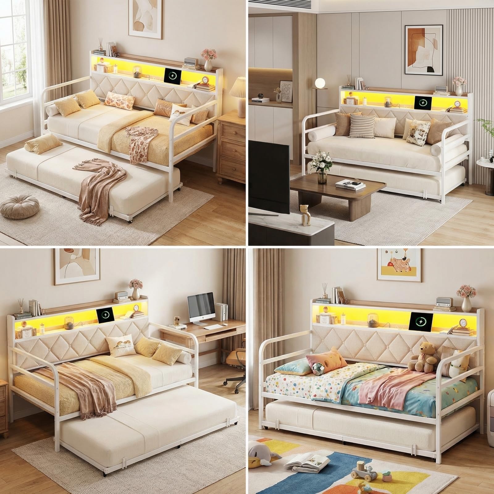 LIKIMIO Twin Daybed with Trundle, 700lbs Capacity, LED Lights & Charging Station, Twin Bed Frame with Storage, Convertible Sofa Bed for Bedroom, Living Room, White