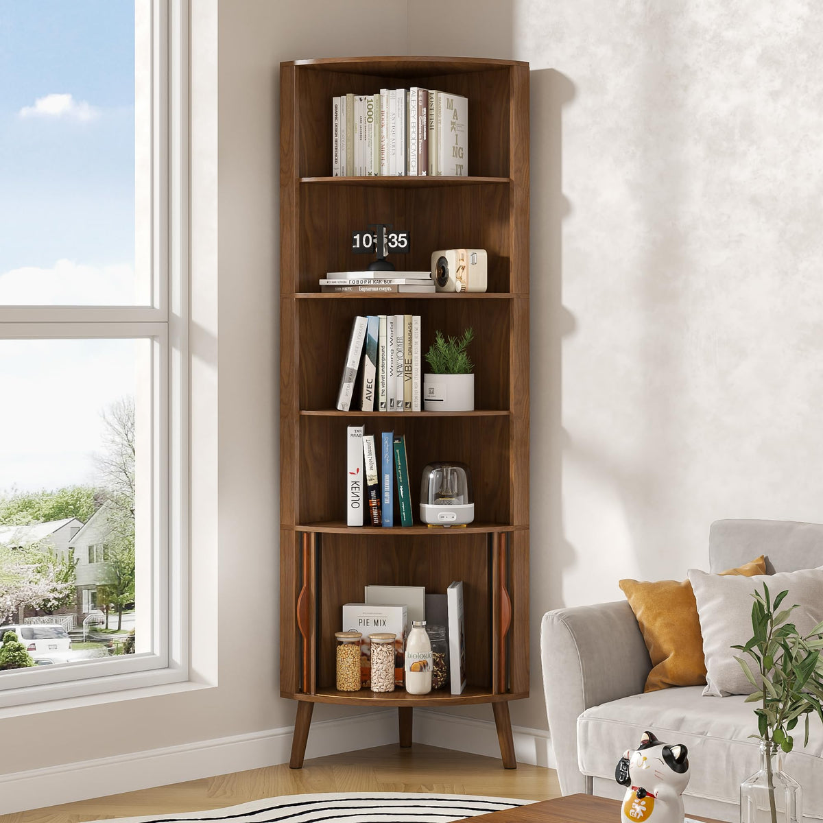 Limaoaio 66'' Tall Corner Bookshelf with 2 Fluted Sliding Doors,Walnut