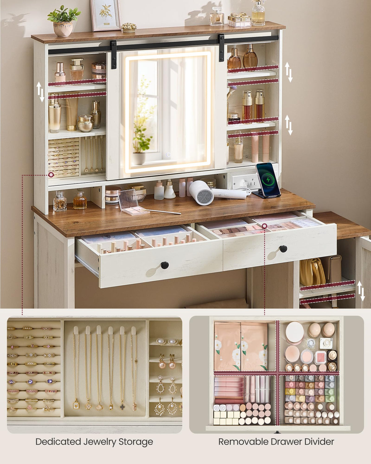 Farmhouse Vanity Desk with Lighted Mirror