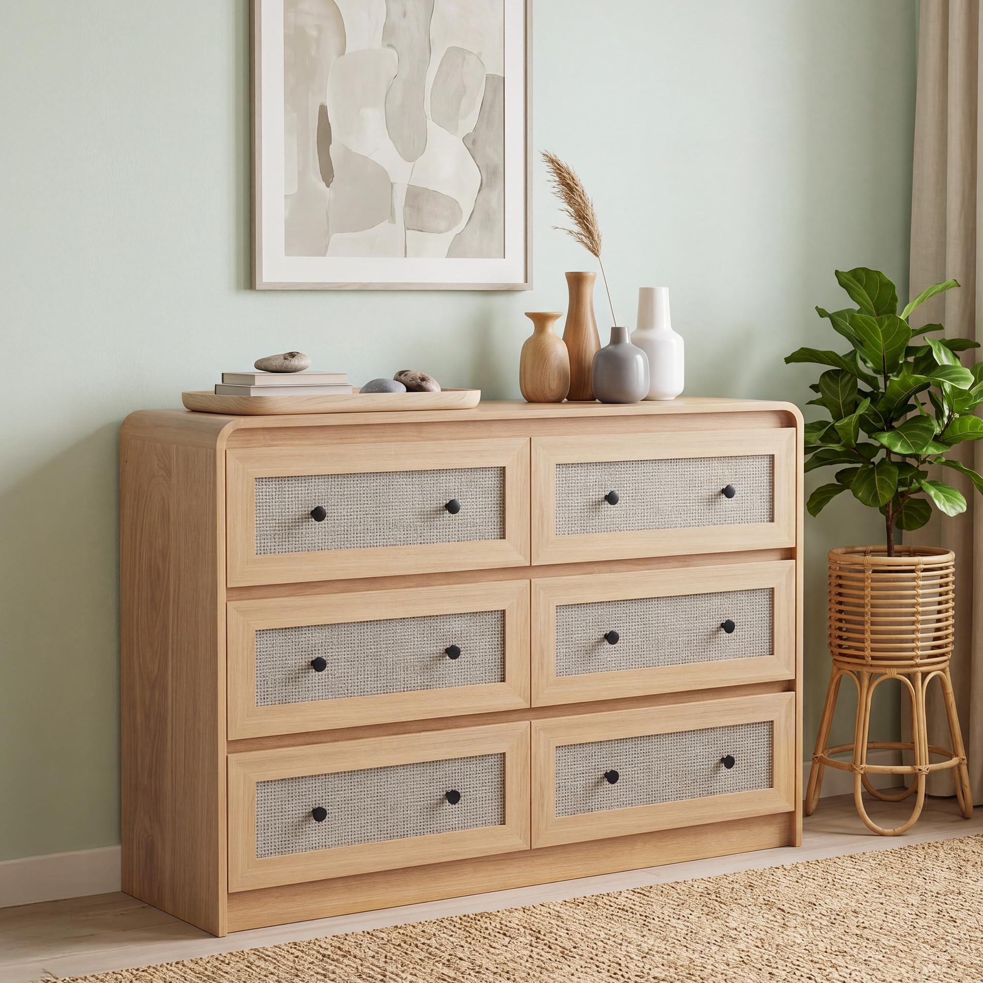 Seang Rattan 6 Drawer Dresser for Bedroom,47" Boho Chest of Drawers with Curved Profile Design,Wooden Dresser with Storage for Bedroom,Living Room,Natural