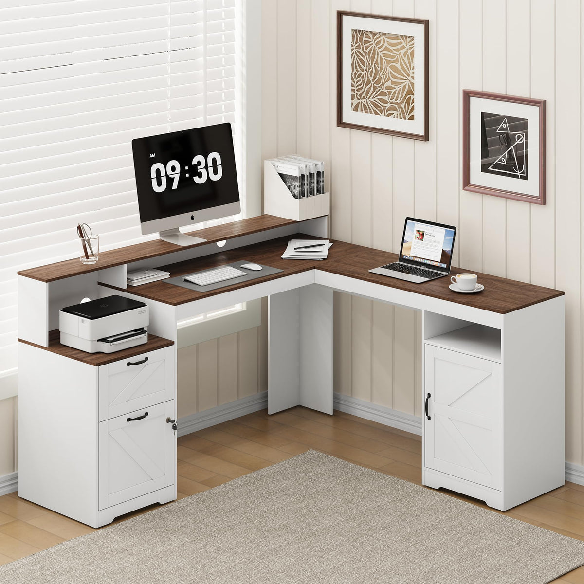 MALOL 63" Farmhouse L Shaped Executive Desk, Corner Computer Desk with Drawers & Storage Shelf, Home Office Desk with Power Outlet, Monitor Stand, Wood Grain Desktop, White & Rustic Brown