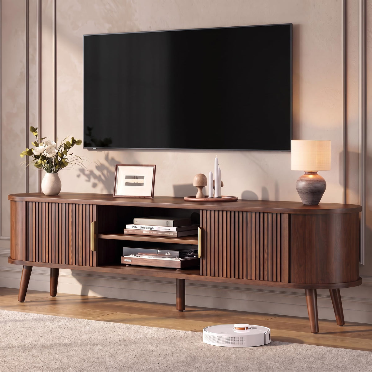 Decofy Mid Century TV Stand for TVs up to 80" with Fluted Sliding Doors, Modern Entertainment Center with Hidden Storage and Adjustable Shelf, Media Console Table for Living Room,Bedroom, Walnut