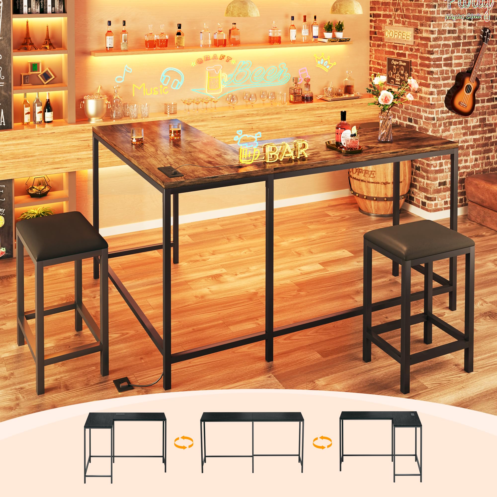 L Shaped Bar Table with Stools, 63‘’ Bar Height Table with Power Outlets, Convertible Corner Counter Height Bar Table with 2 Stools, Rectangular High Top Table for Small Spaces, Breakfast Nook, Rustic