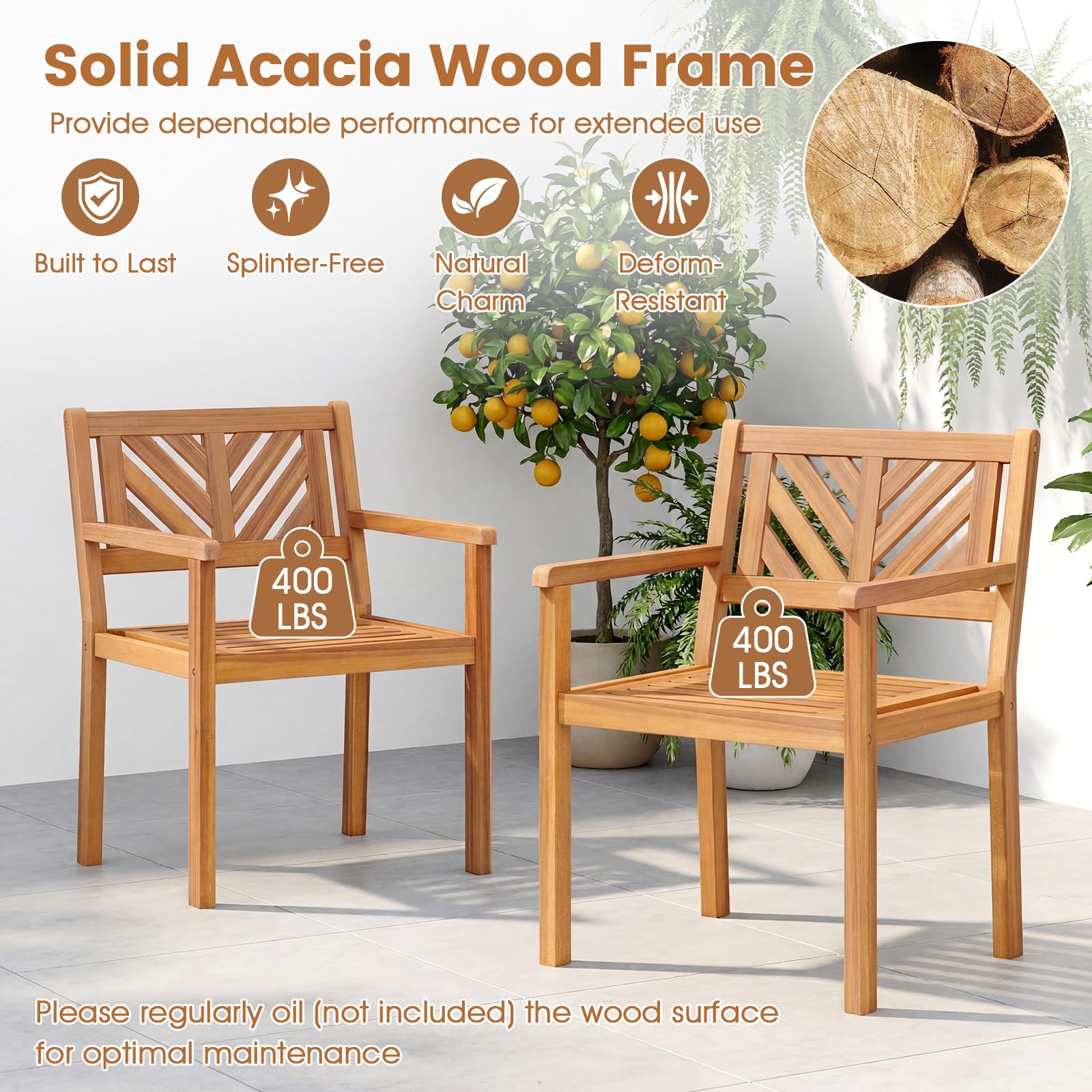 Tangkula Acacia Wood Patio Dining Chairs Set of 4, Outdoor Dining Chairs with 400 lbs Capacity, Teak Finish, Heavy-Duty Wooden Armchairs for Porch, Deck, Backyard & Balcony