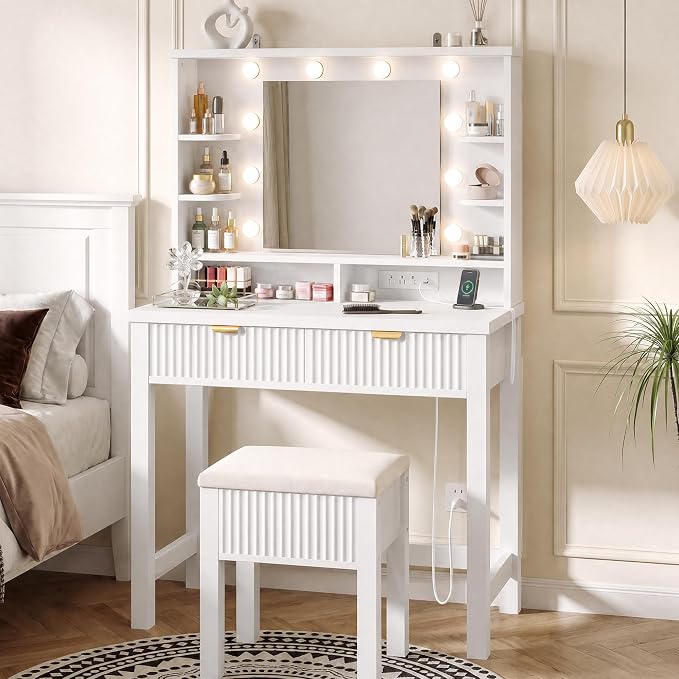 Lighted Vanity Desk with Storage Stool