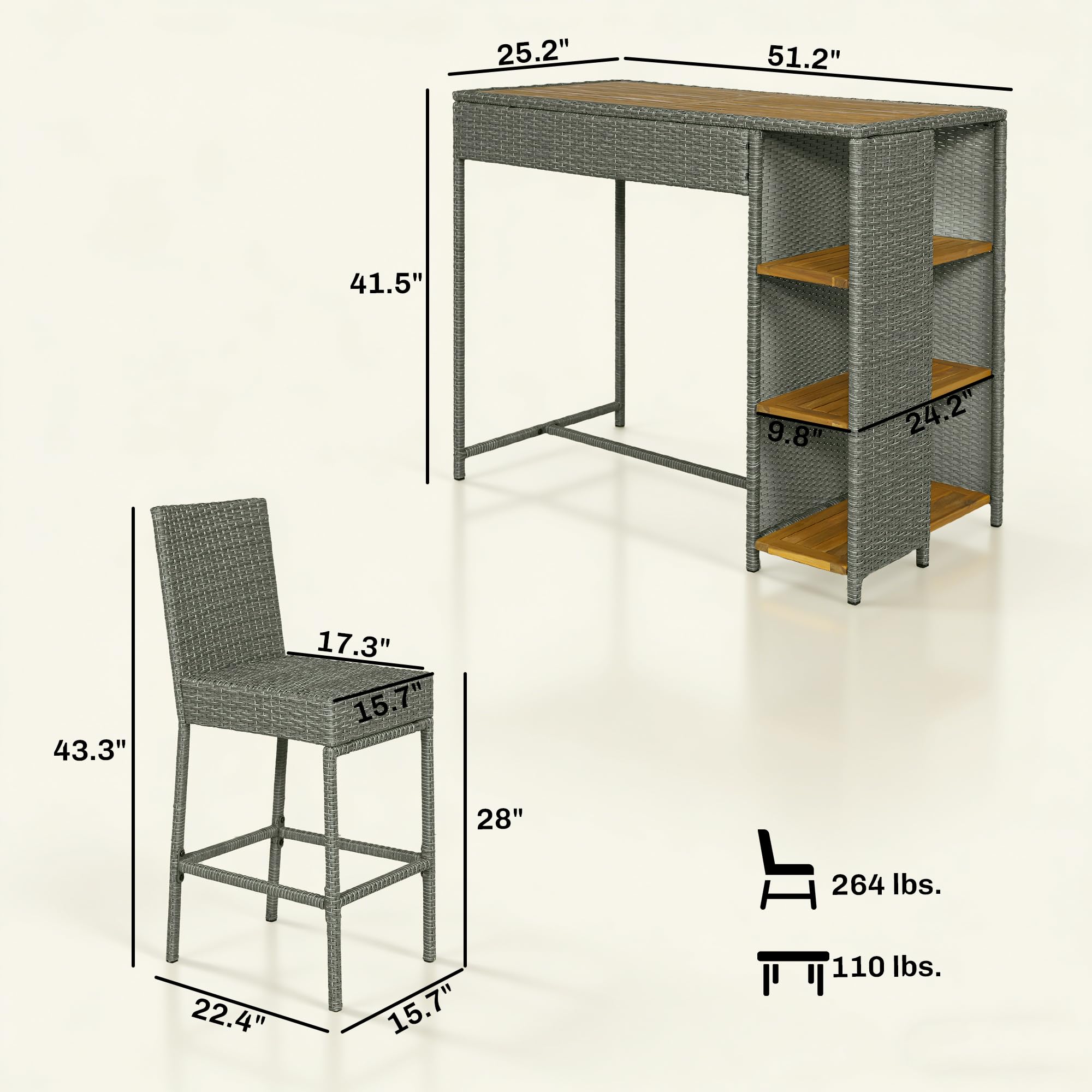 Outsunny 5 Piece Outdoor Bar Set, Wicker Outdoor High Top Table and Chairs, 3 Tier Shelves, Acacia Wood Bar Height Patio Set, 4 Barstools with Cushions, Back, Footrest for Garden, Backyard, Gray