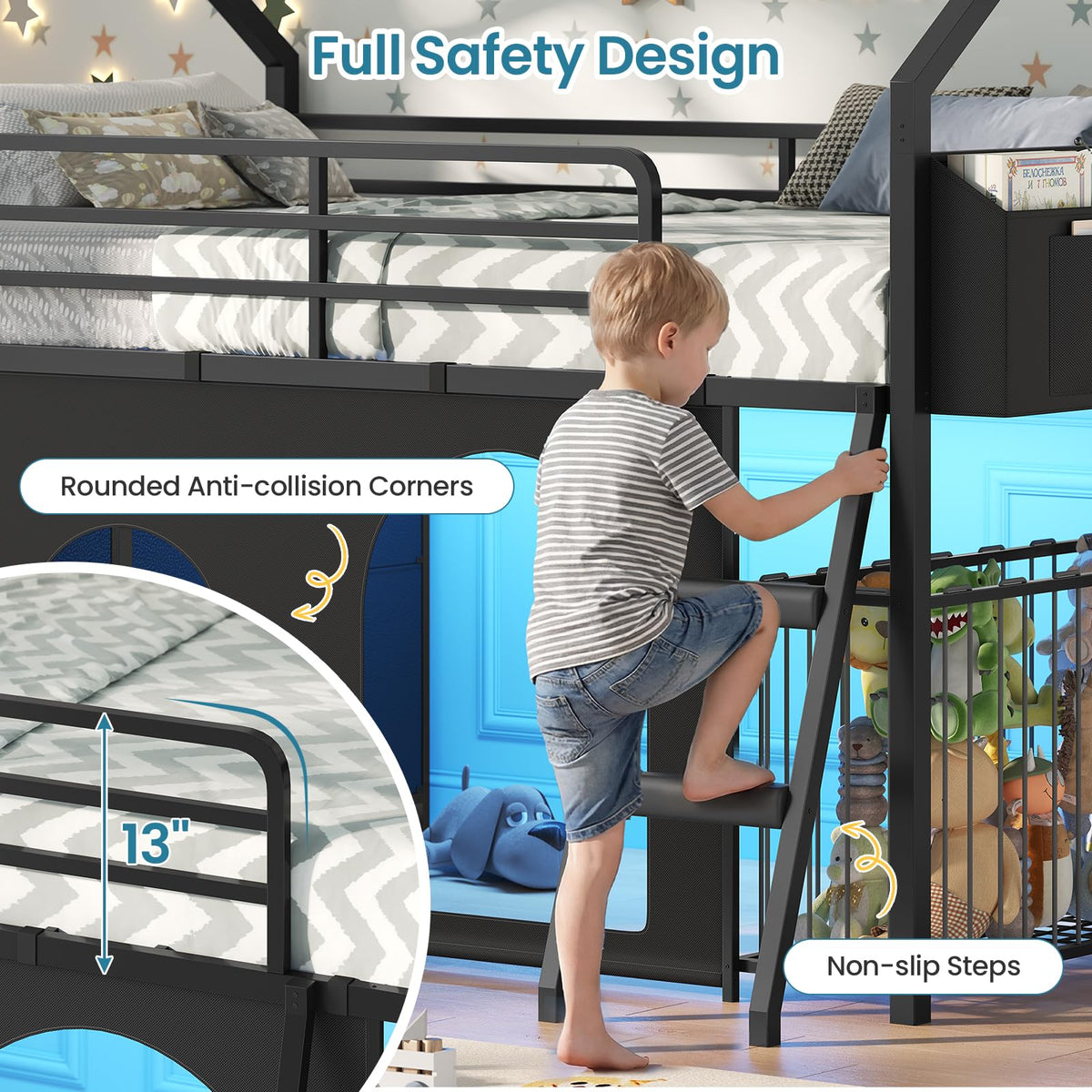 Low Loft Bed T Size with 6 Storage Drawers,Stuffed Animal Storage,LED Light