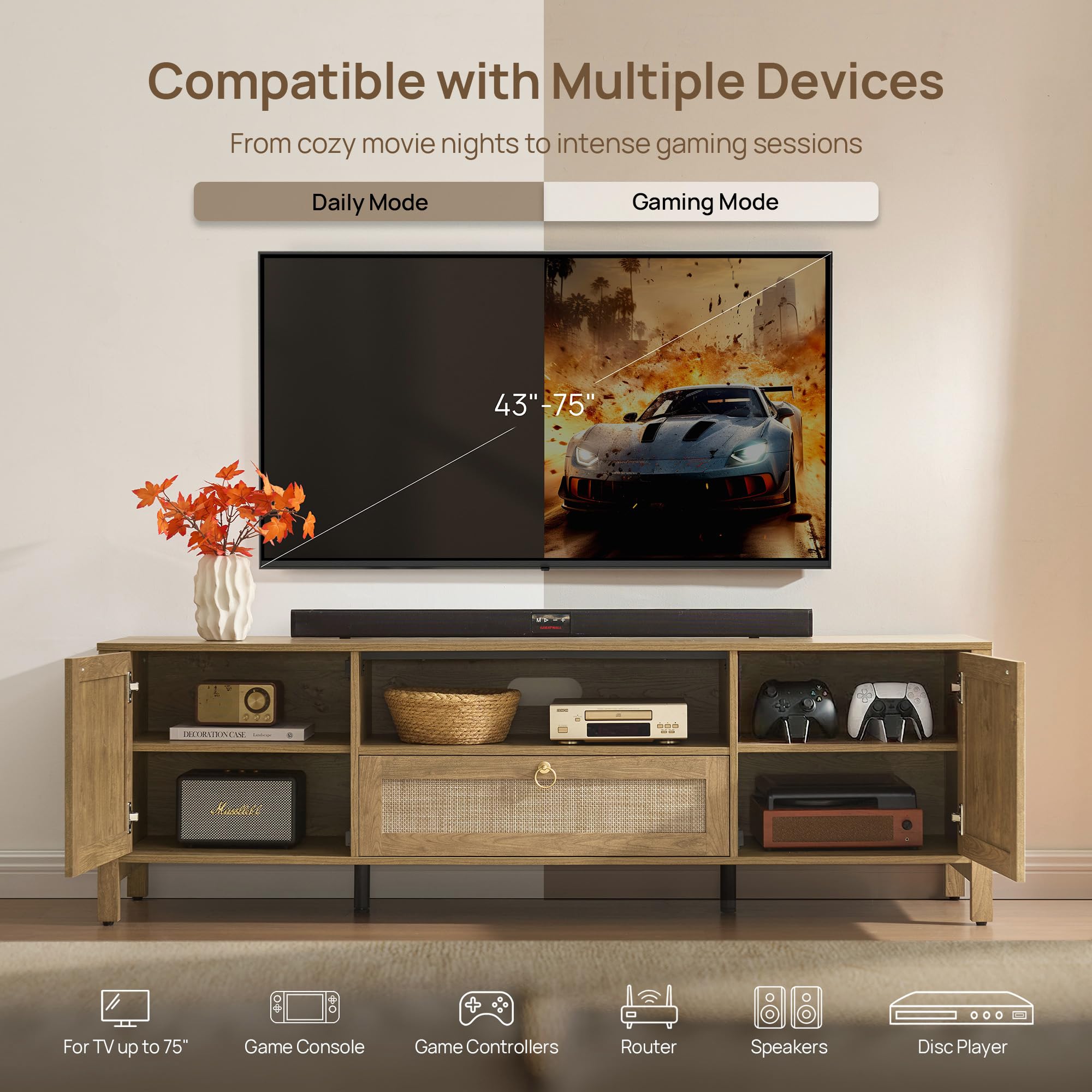 69" Rattan TV Stand with Drawer & Adjustable Shelves