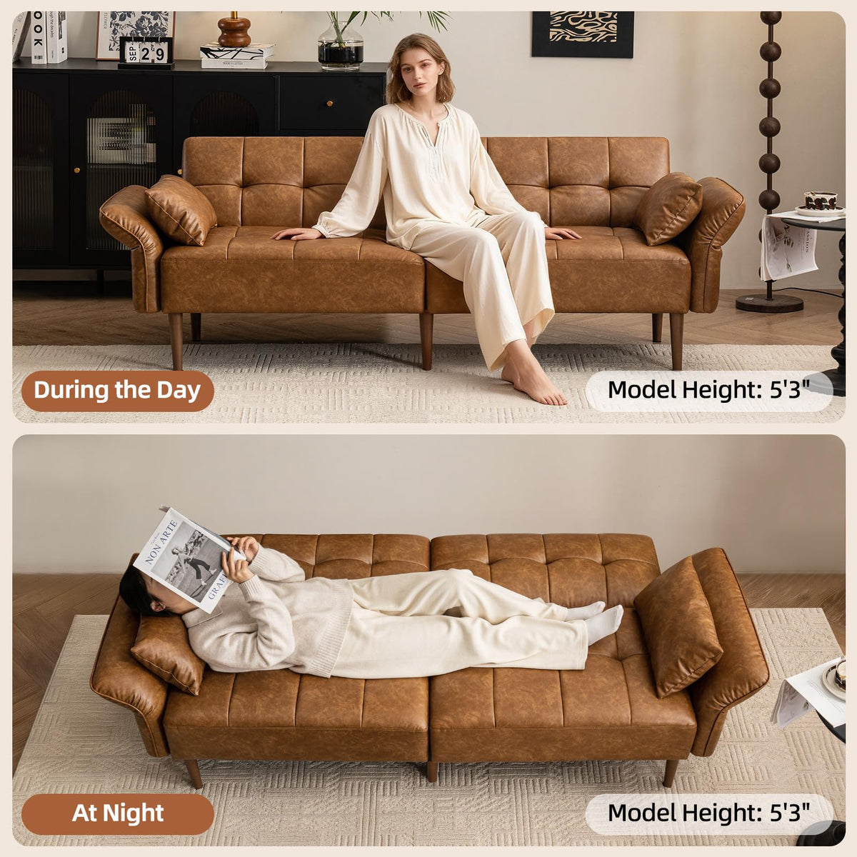 Brown Faux Leather Futon Sofa Bed
