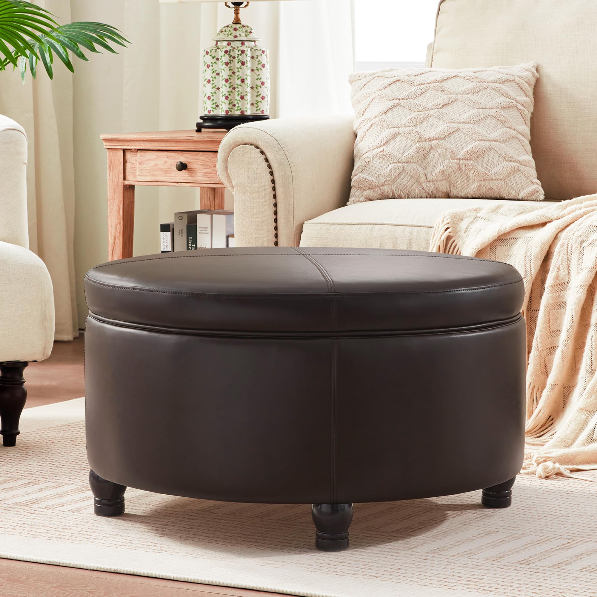 MIQMICMIK 30-Inch Round Storage Ottoman, Modern Ottoman Coffee Table with Removable Top for Living Room, Bedroom, Office (Brown)