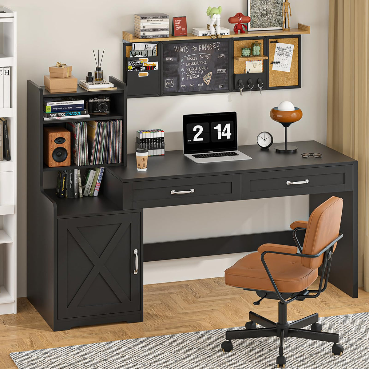 60" Computer Desk with Drawers & Bookshelves for Bedroom, Home Office